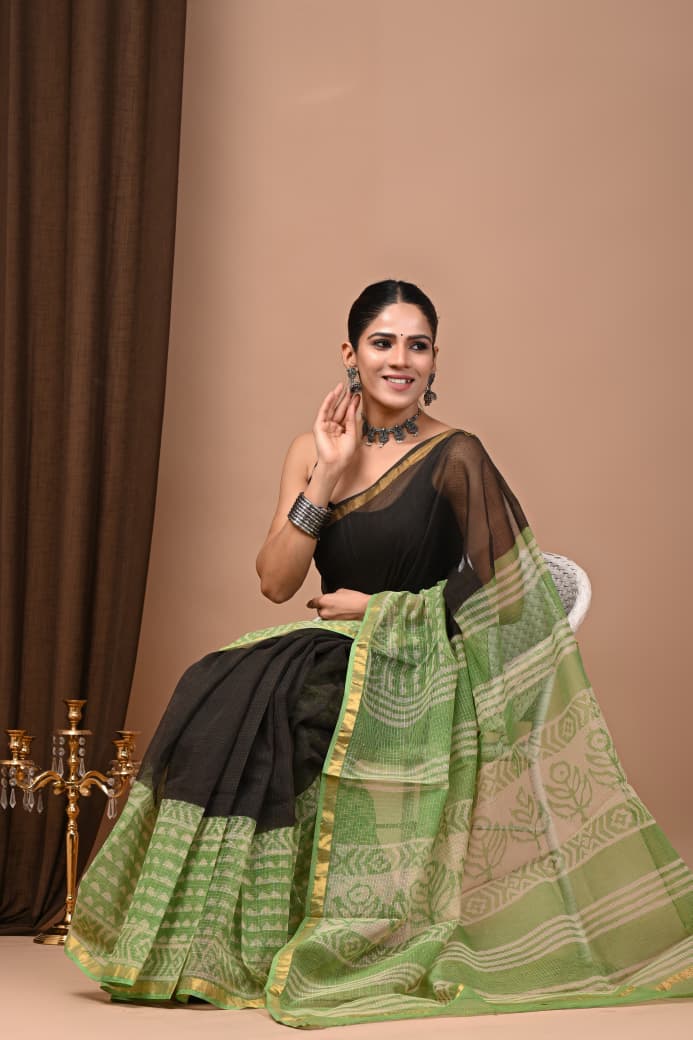 Handloom Black & Lime Green Cotton Saree with Block Print & Zari Border