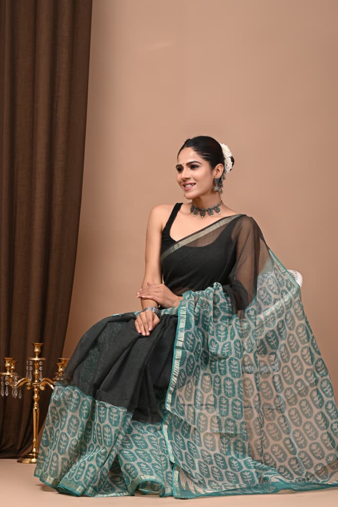 Black & Teal Handloom Cotton Saree with Block Print & Zari Border