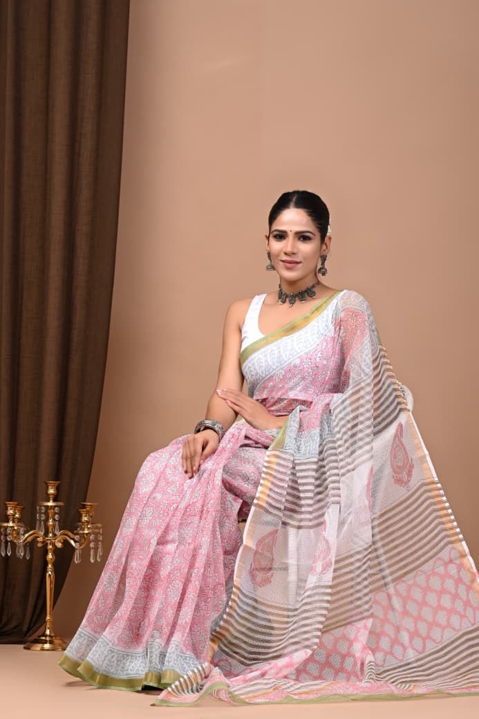 Pastel Pink & Grey Hand Block Print Chanderi Cotton Saree