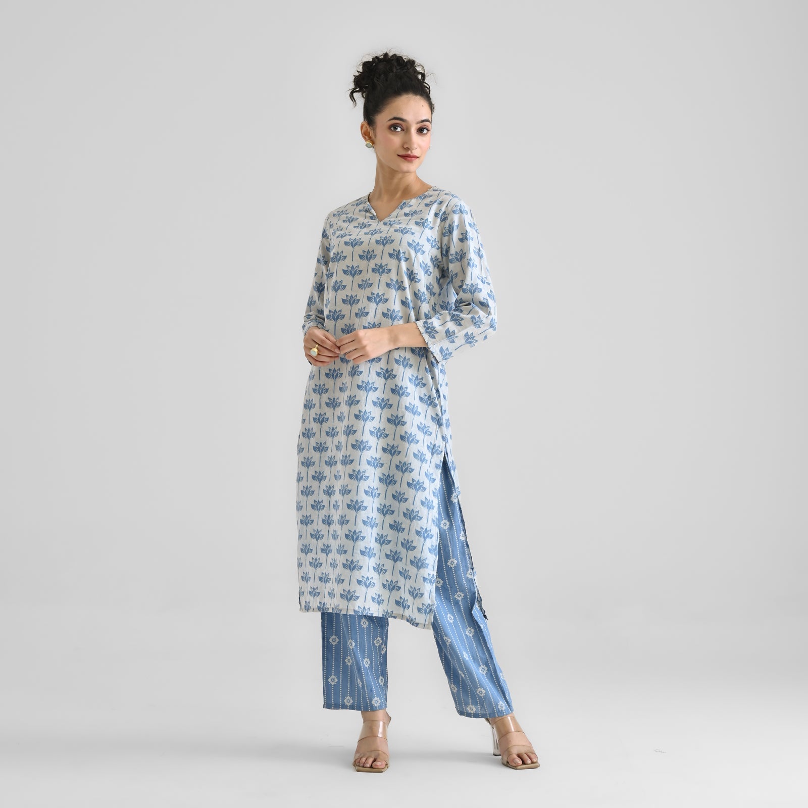 Light Blue Lotus Dabu Inspired Cotton Kurta with Notch Neckline