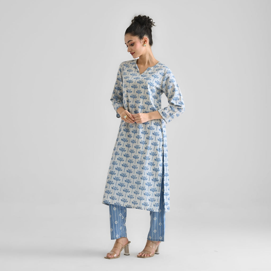 Light Blue Lotus Dabu Inspired Cotton Kurta with Notch Neckline