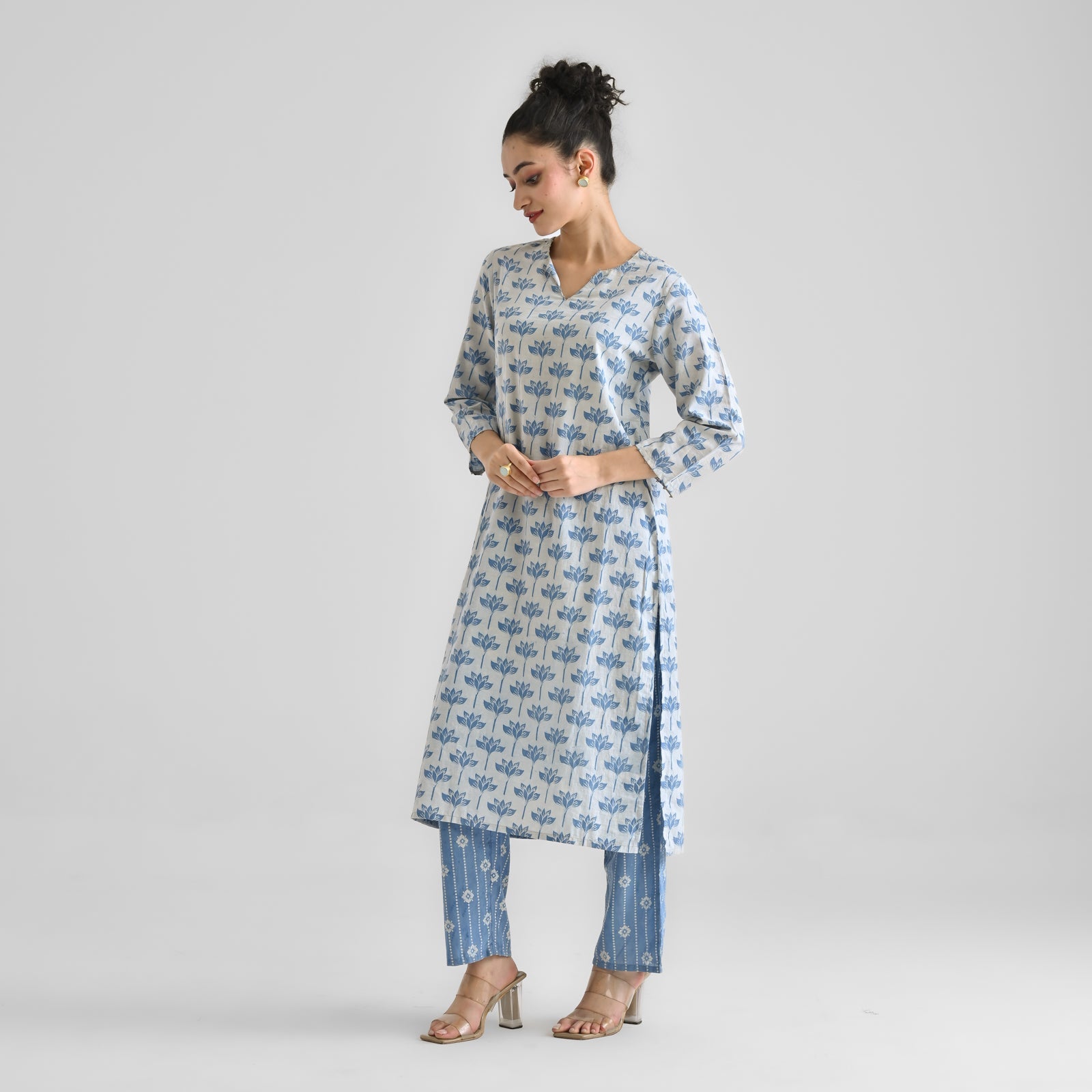 Light Blue Lotus Dabu Inspired Cotton Co-ord Set with Notch Neckline