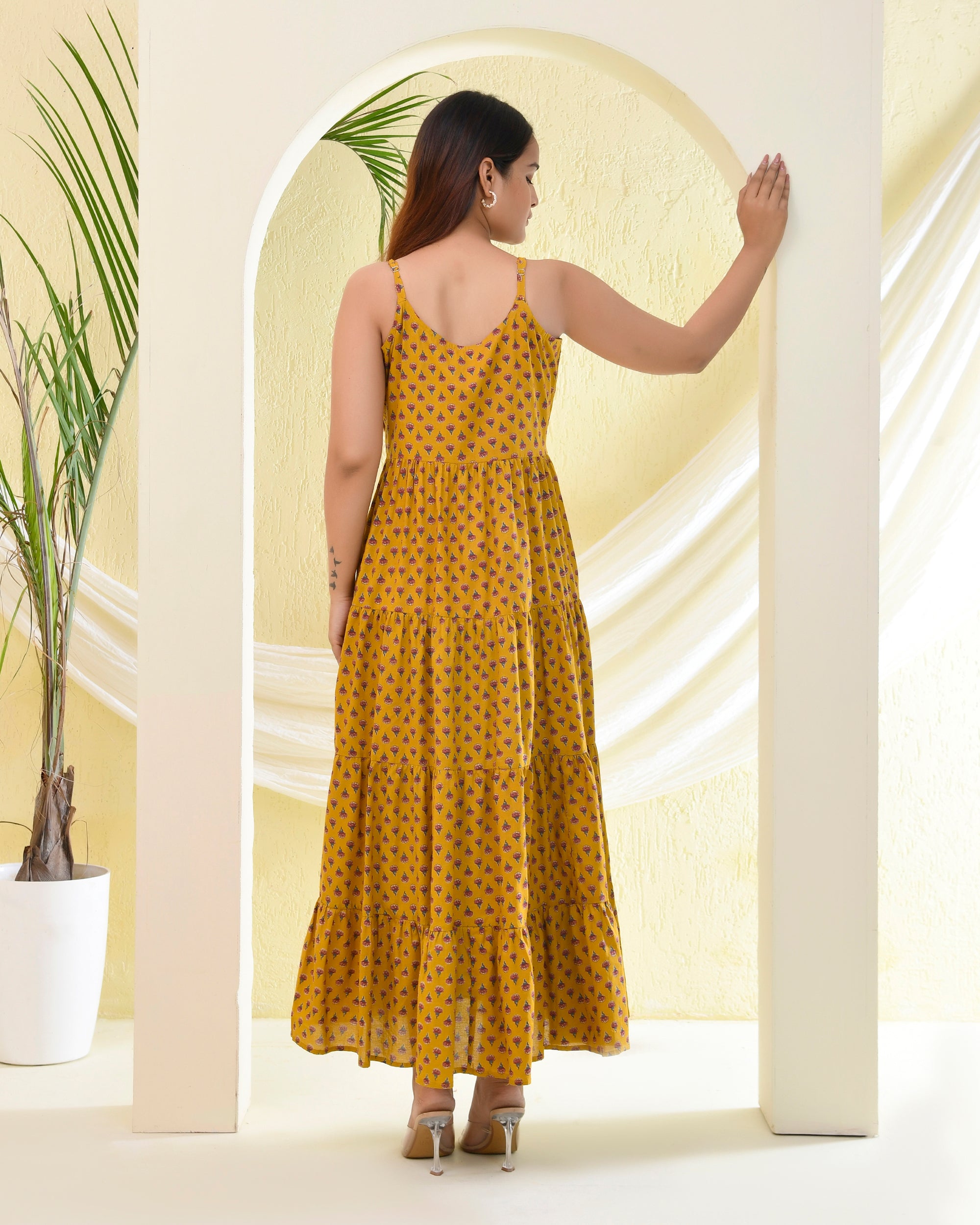 Mustard Yellow Block Print Tiered Maxi Dress - Spaghetti Strap Sundress