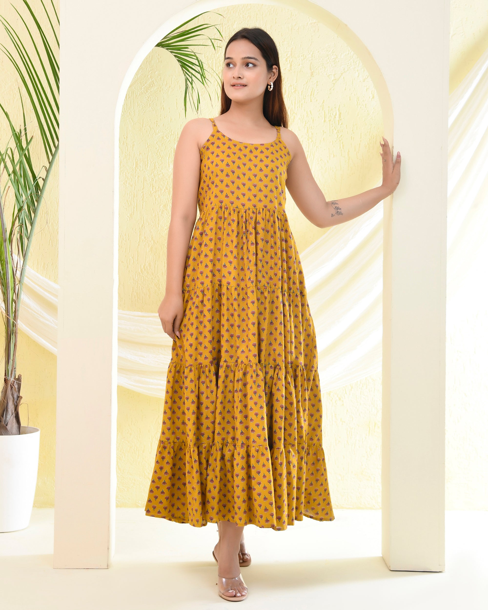 Mustard Yellow Block Print Tiered Maxi Dress - Spaghetti Strap Sundress