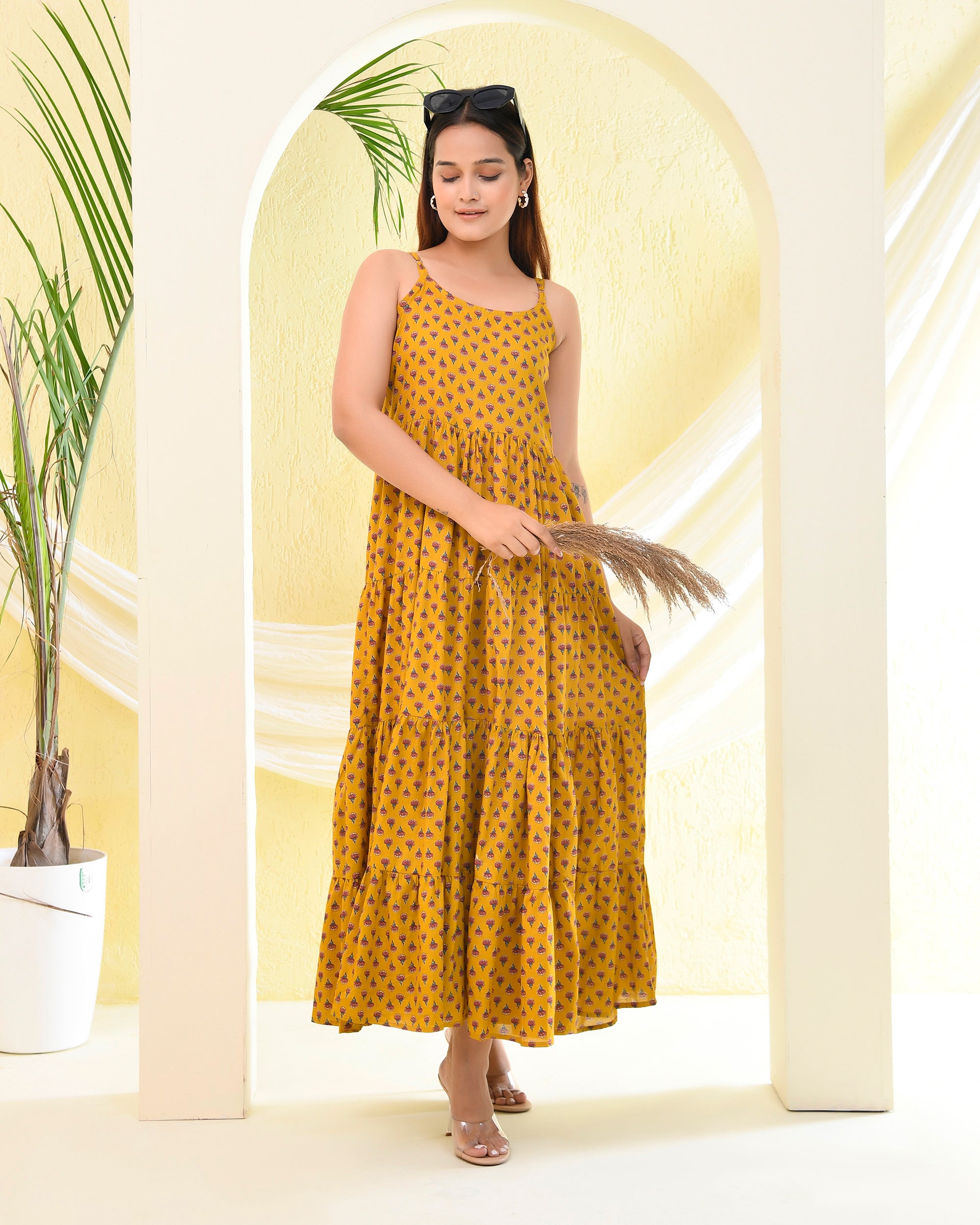 Mustard Yellow Block Print Tiered Maxi Dress - Spaghetti Strap Sundress