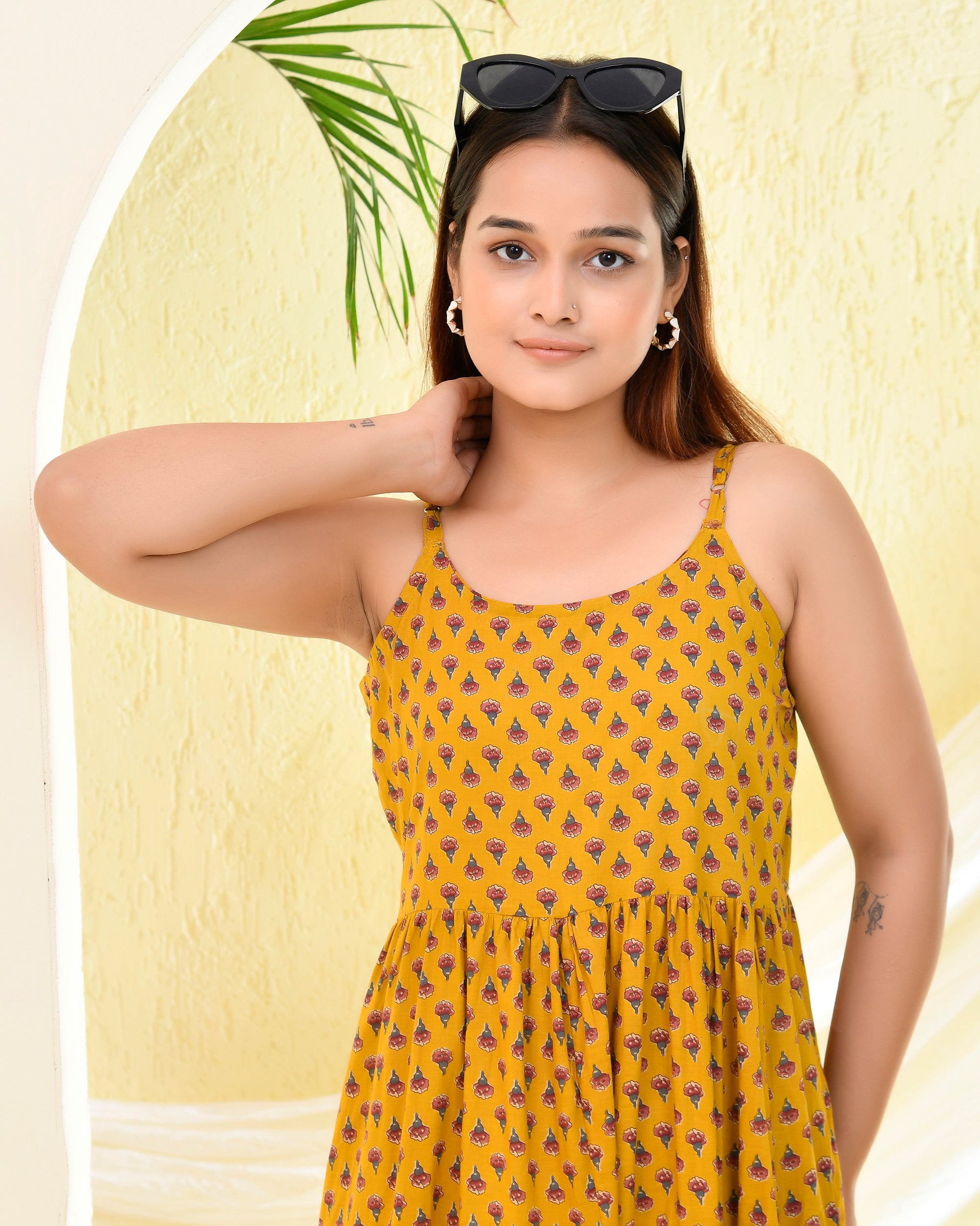 Mustard Yellow Block Print Tiered Maxi Dress - Spaghetti Strap Sundress