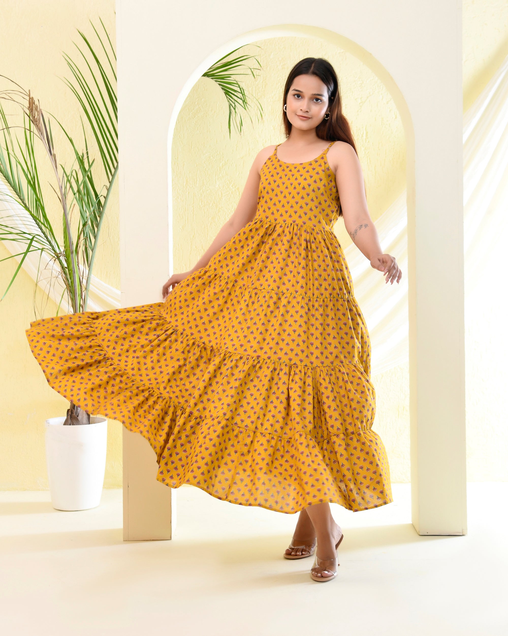 Mustard Yellow Block Print Tiered Maxi Dress - Spaghetti Strap Sundress