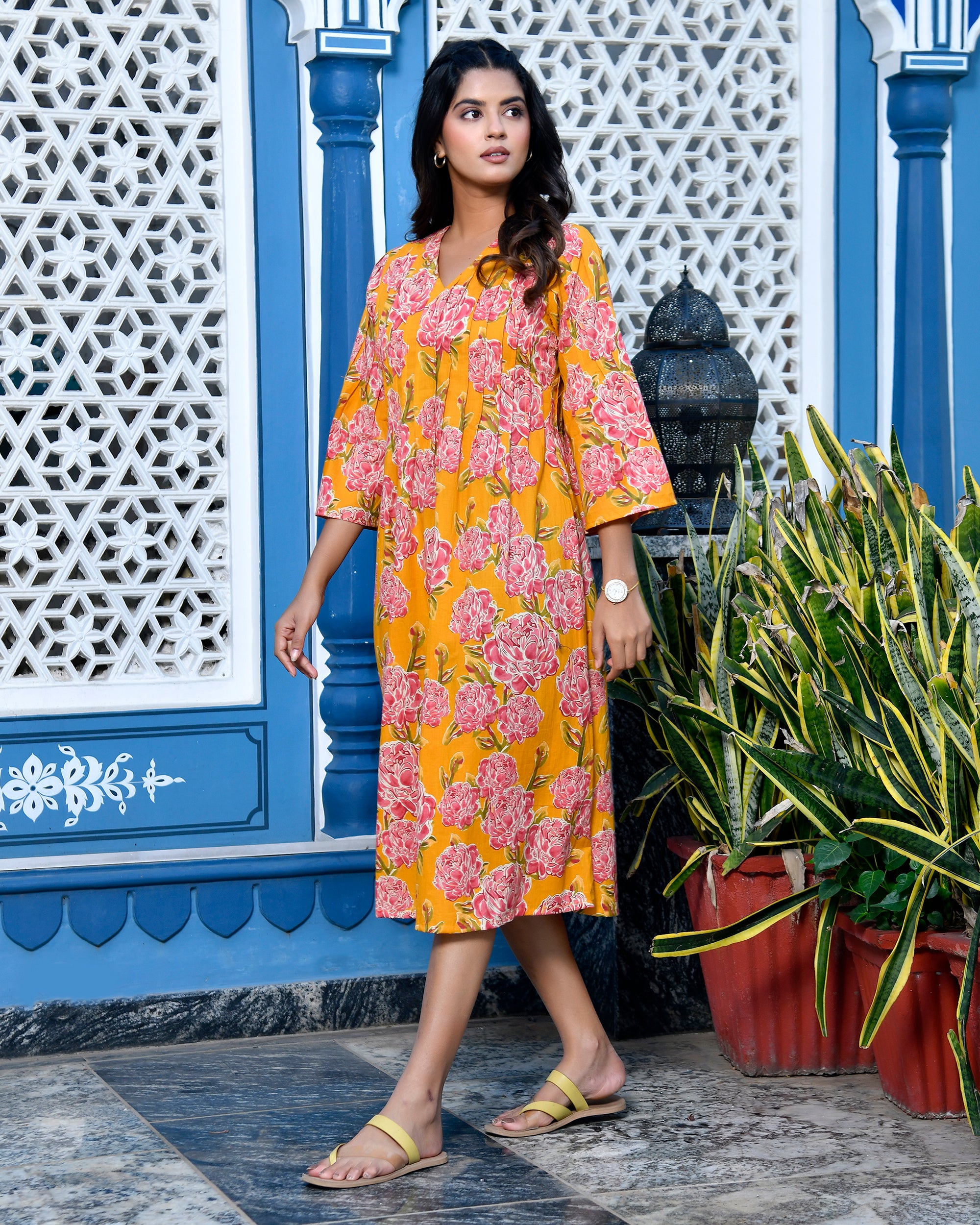 Yellow Floral Cotton Midi Dress | Block Print Flared Anarkali Kurti
