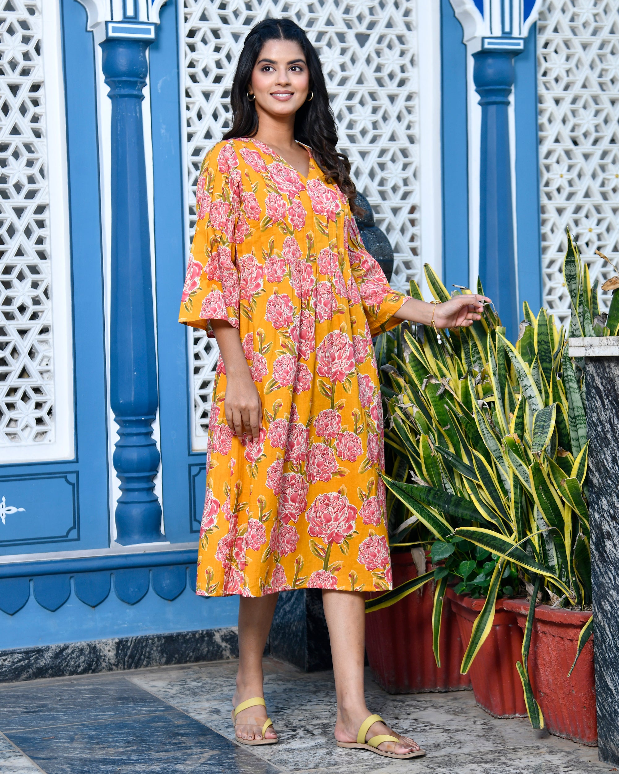 Yellow Floral Cotton Midi Dress | Block Print Flared Anarkali Kurti
