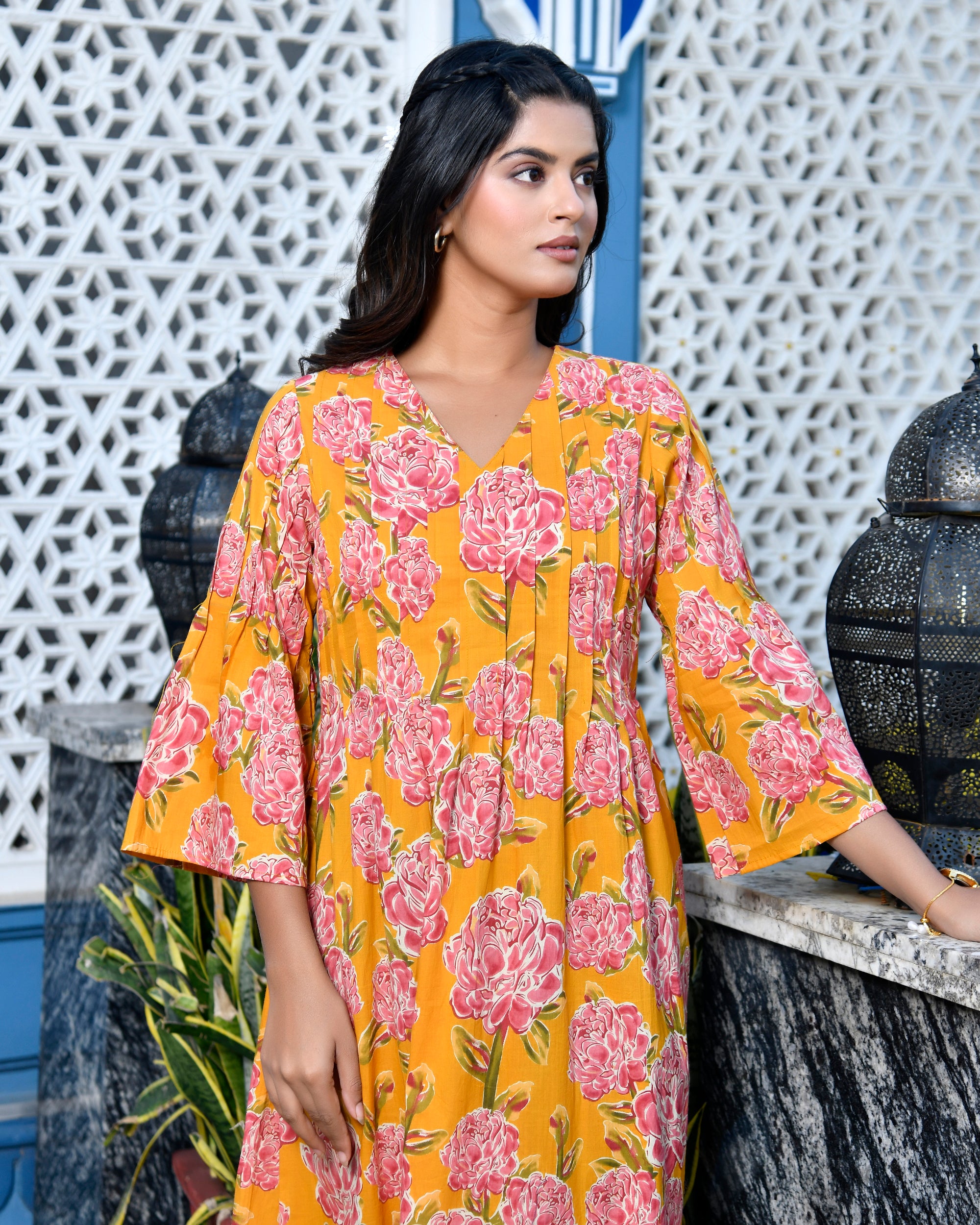 Yellow Floral Cotton Midi Dress | Block Print Flared Anarkali Kurti