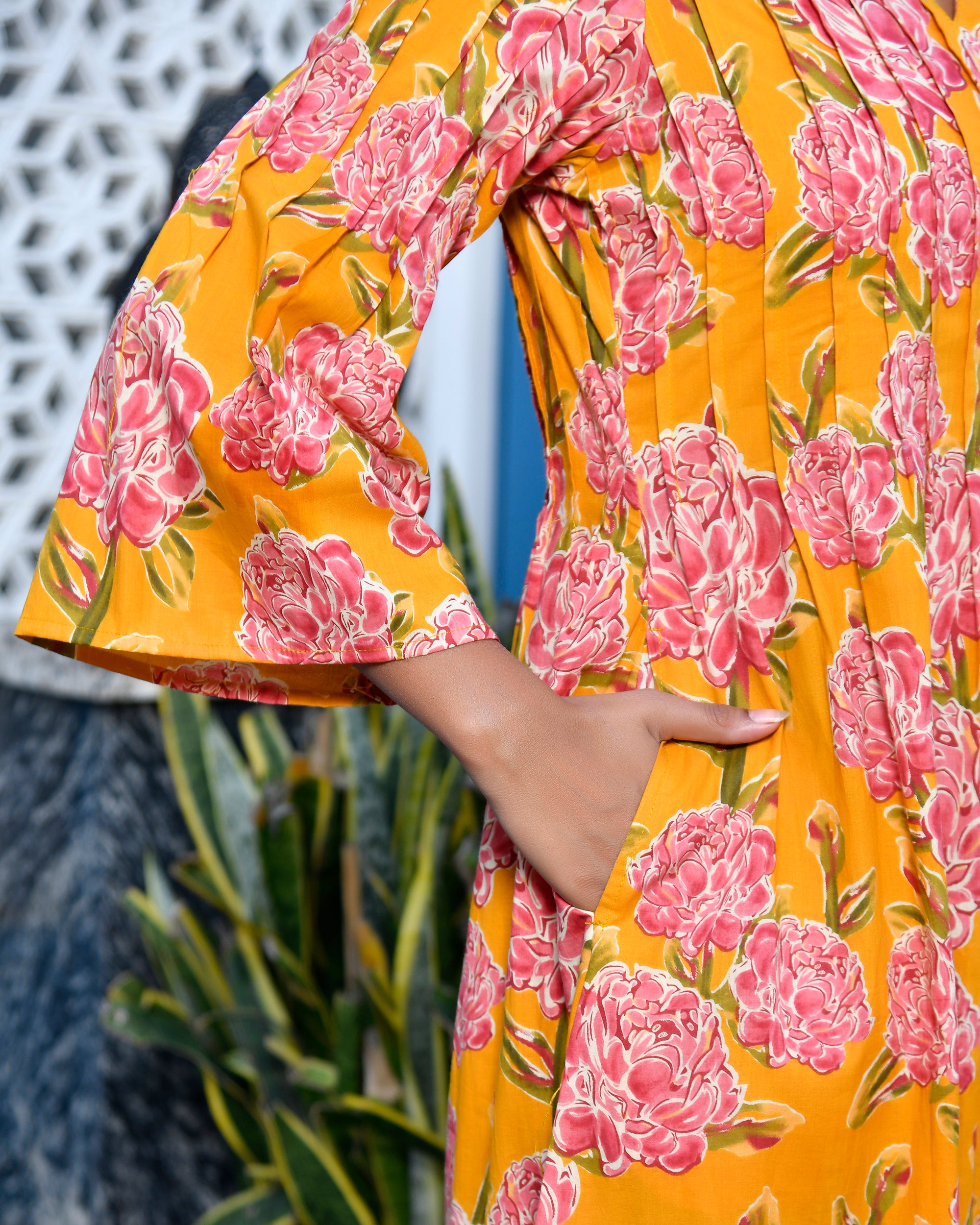 Yellow Floral Cotton Midi Dress | Block Print Flared Anarkali Kurti