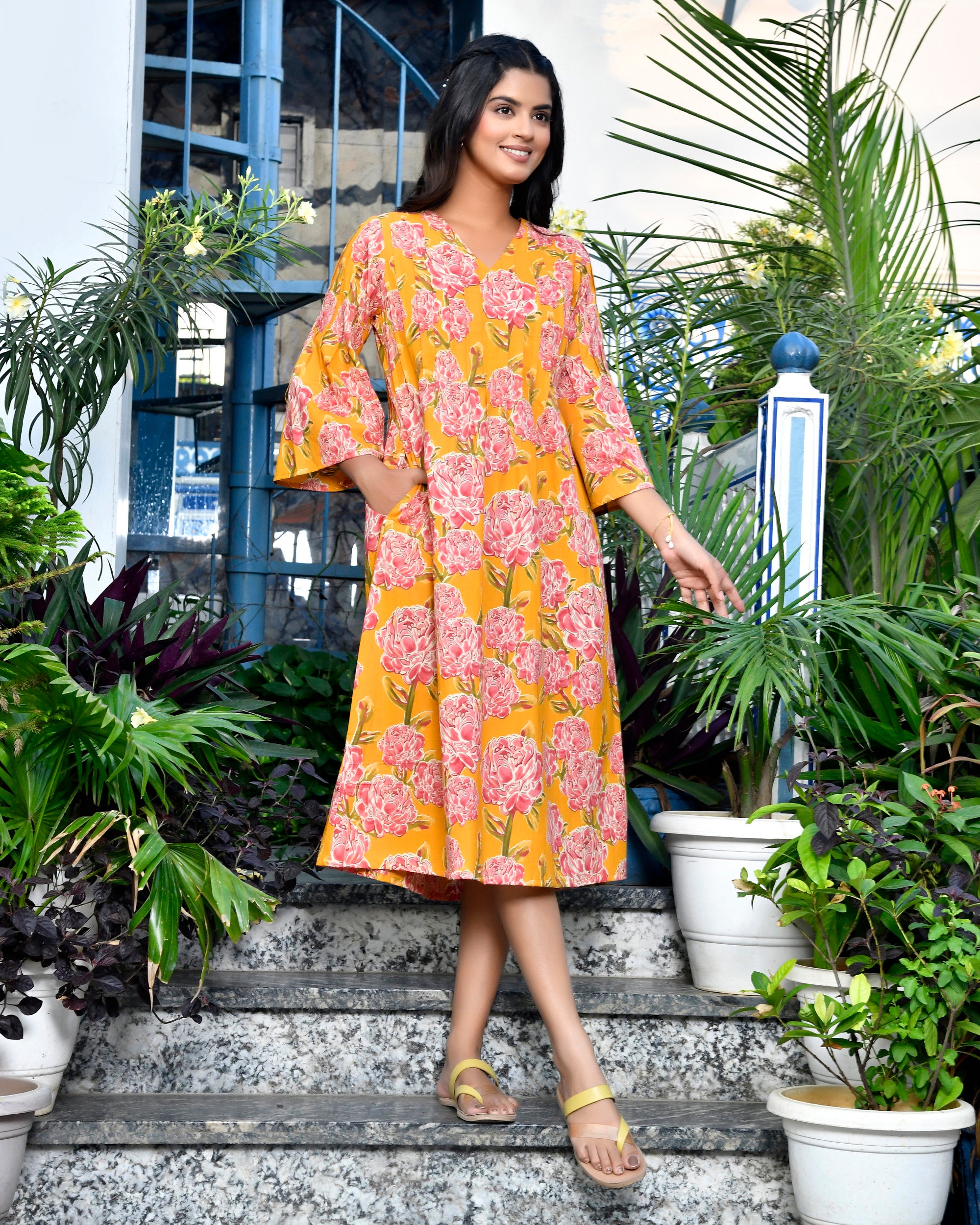 Yellow Floral Cotton Midi Dress | Block Print Flared Anarkali Kurti