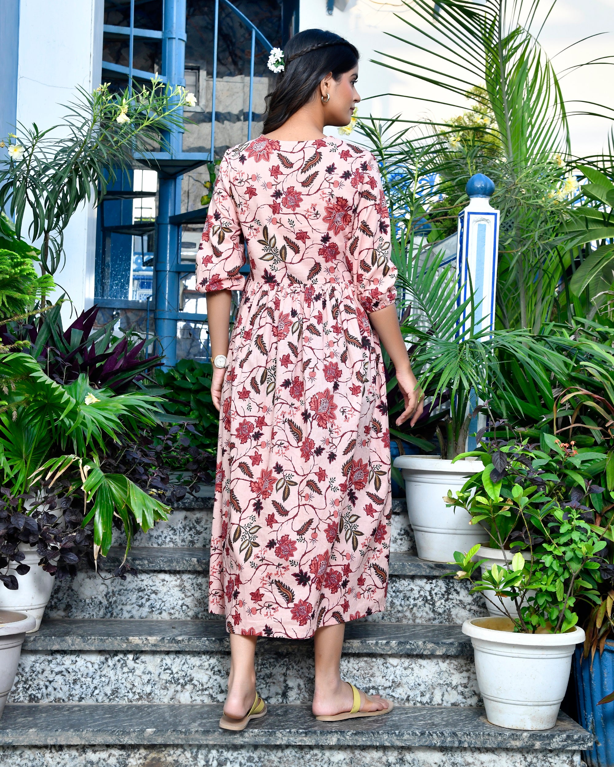 Blush Pink Floral Printed Cotton Midi Dress | Block Print Flared Tunic