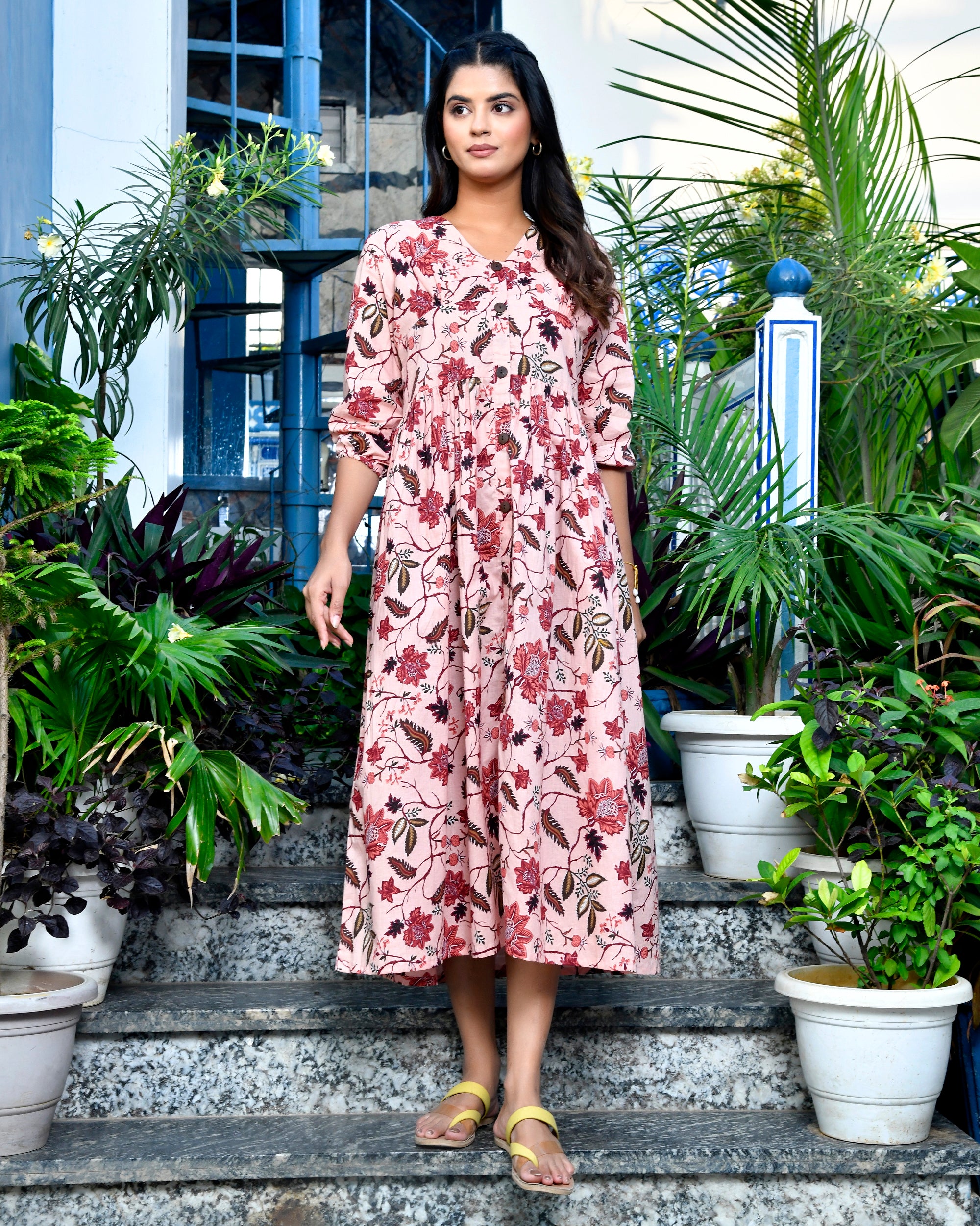 Blush Pink Floral Printed Cotton Midi Dress | Block Print Flared Tunic