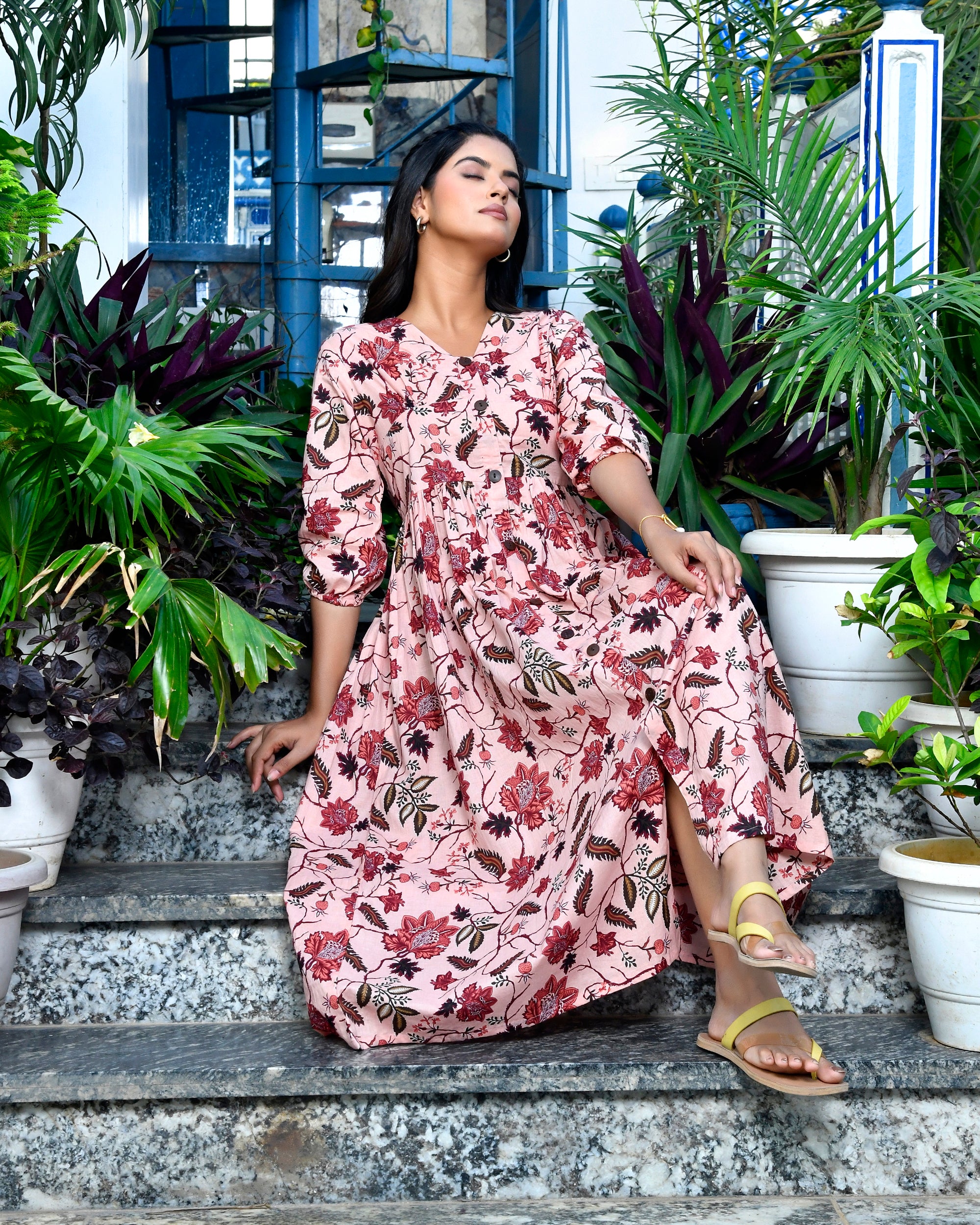 Blush Pink Floral Printed Cotton Midi Dress | Block Print Flared Tunic