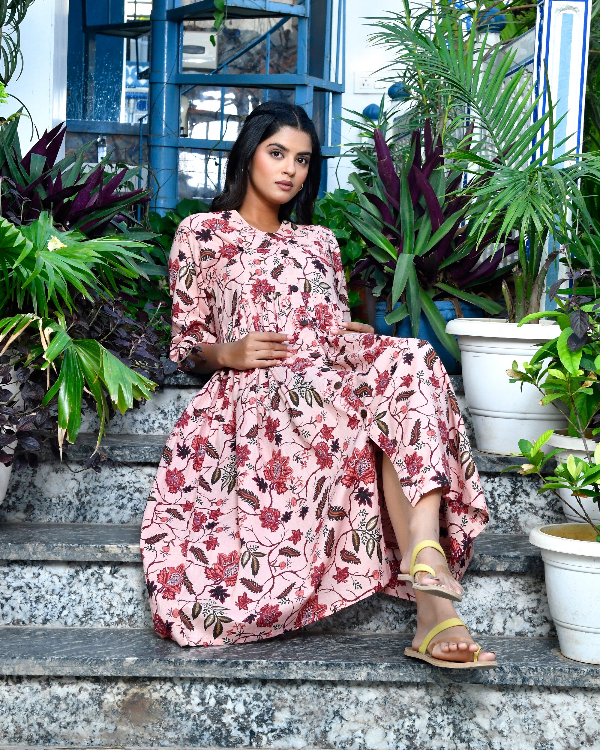 Blush Pink Floral Printed Cotton Midi Dress | Block Print Flared Tunic