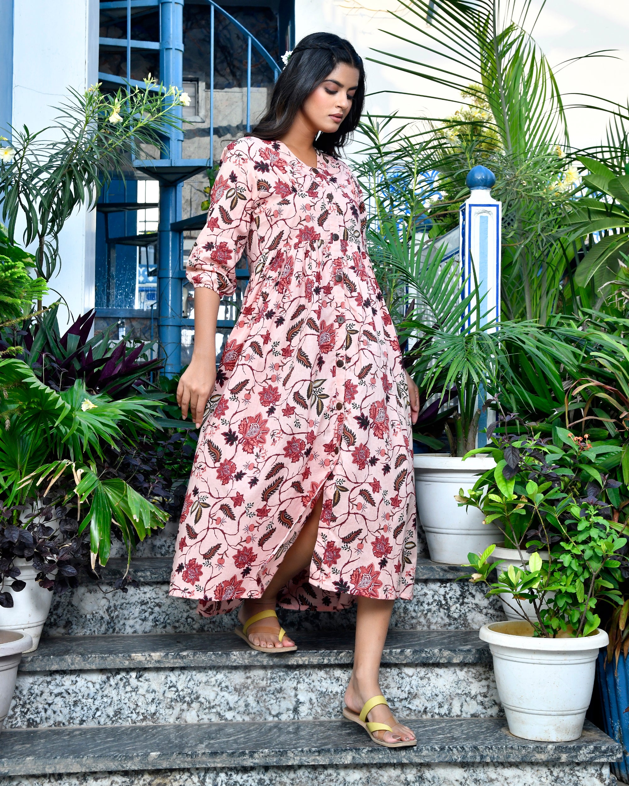 Blush Pink Floral Printed Cotton Midi Dress | Block Print Flared Tunic