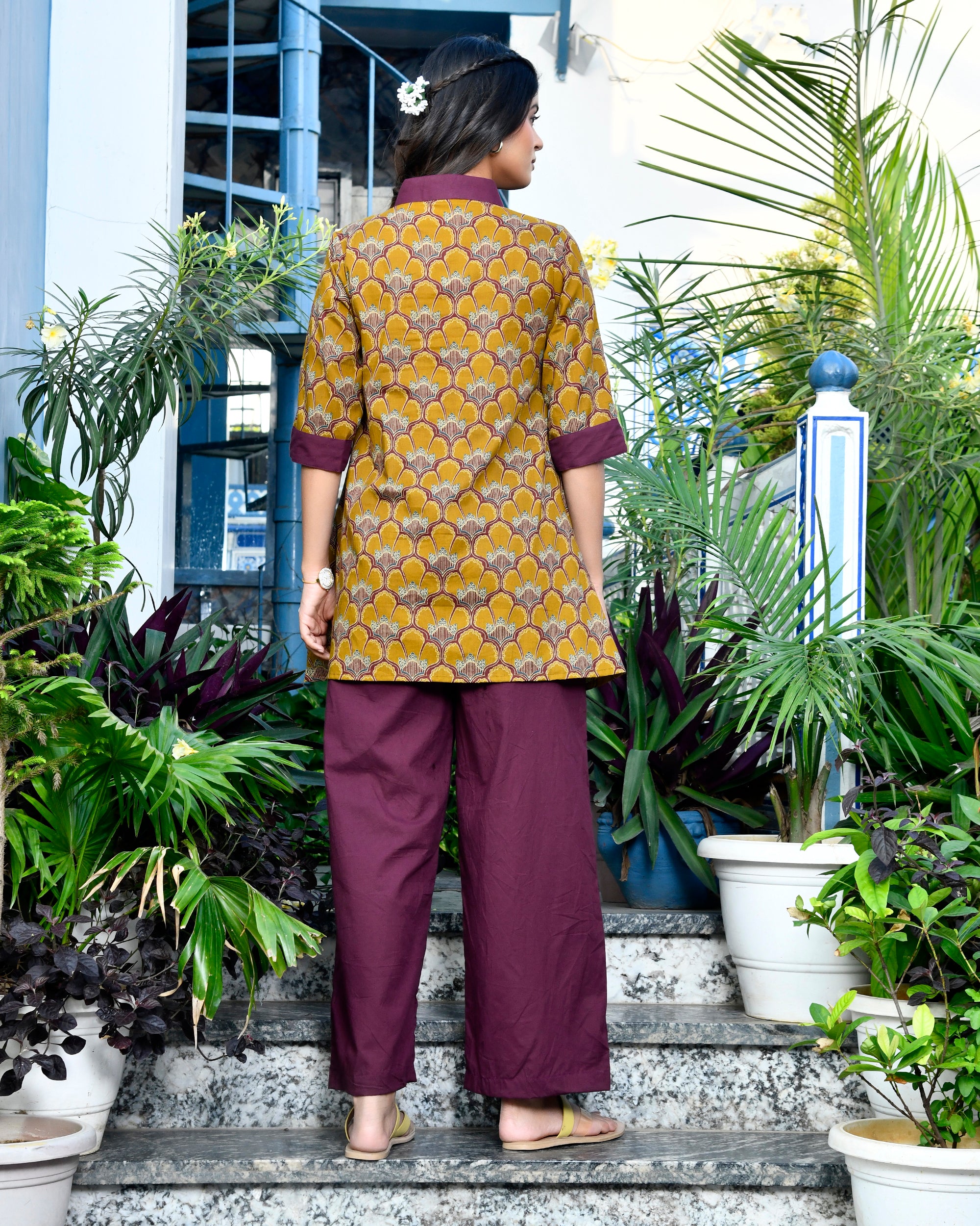 Mustard Gold Block Print Cotton Kurti Set Maroon V-Neck Tunic & Pants