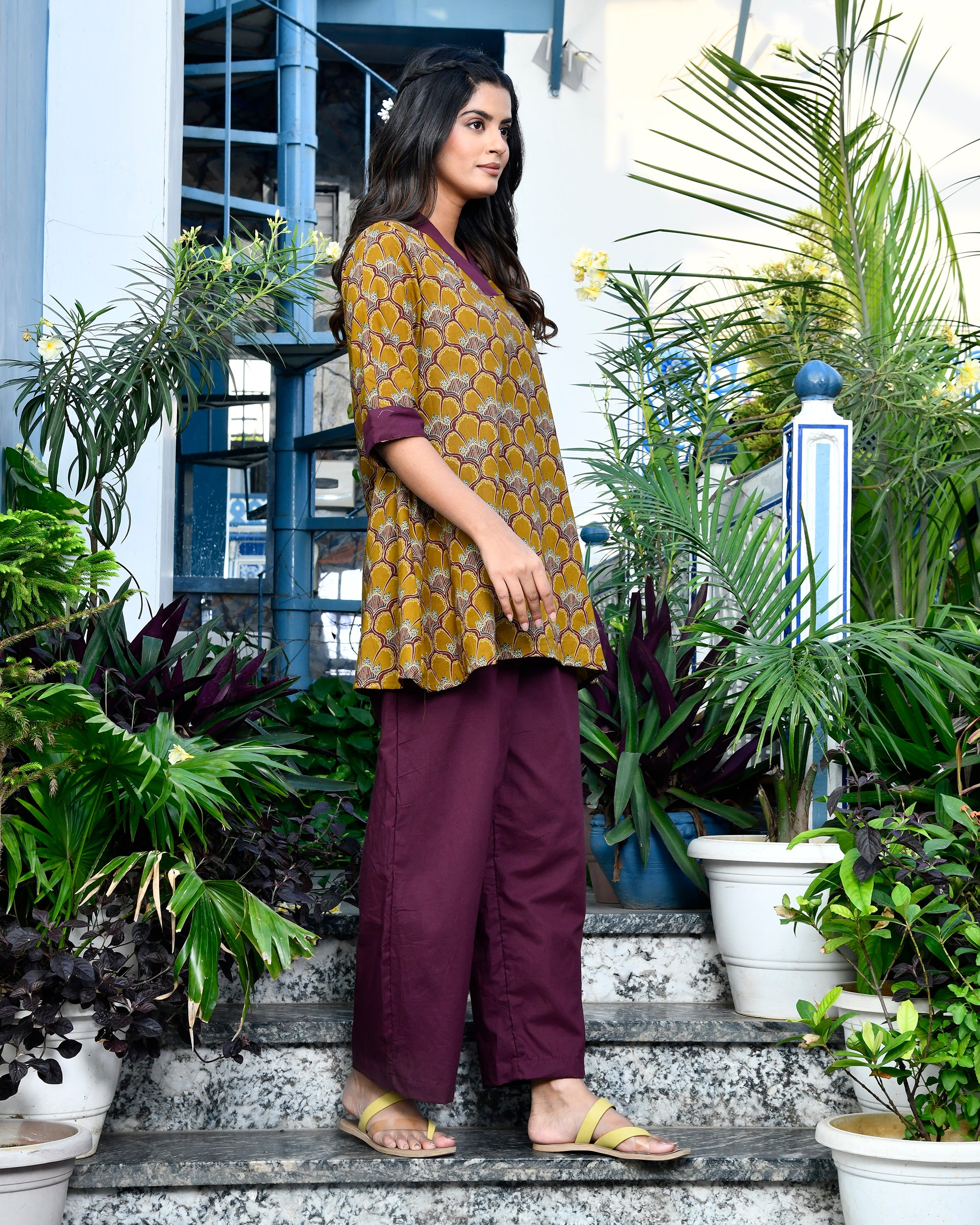 Mustard Gold Block Print Cotton Kurti Set Maroon V-Neck Tunic & Pants