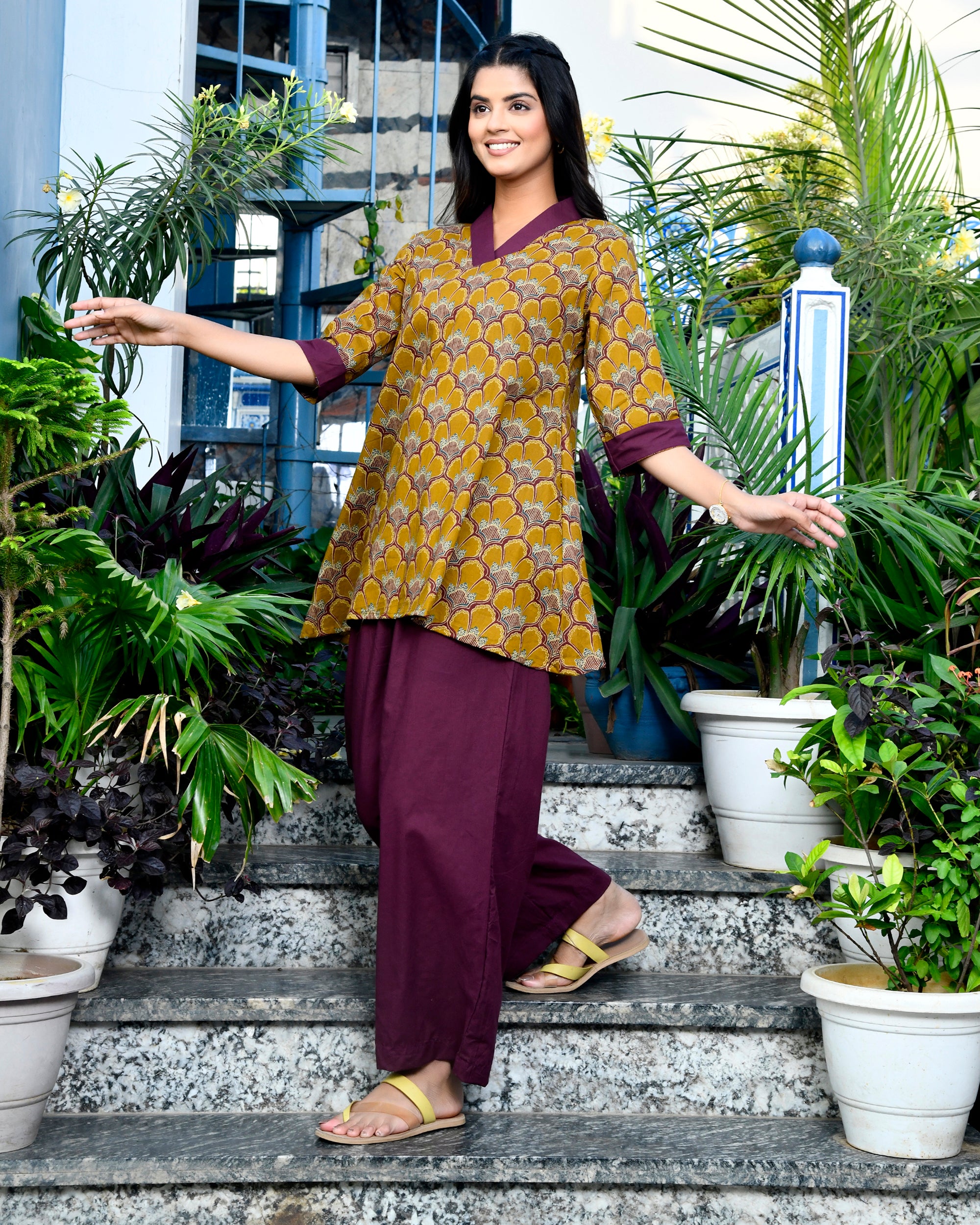 Mustard Gold Block Print Cotton Kurti Set Maroon V-Neck Tunic & Pants