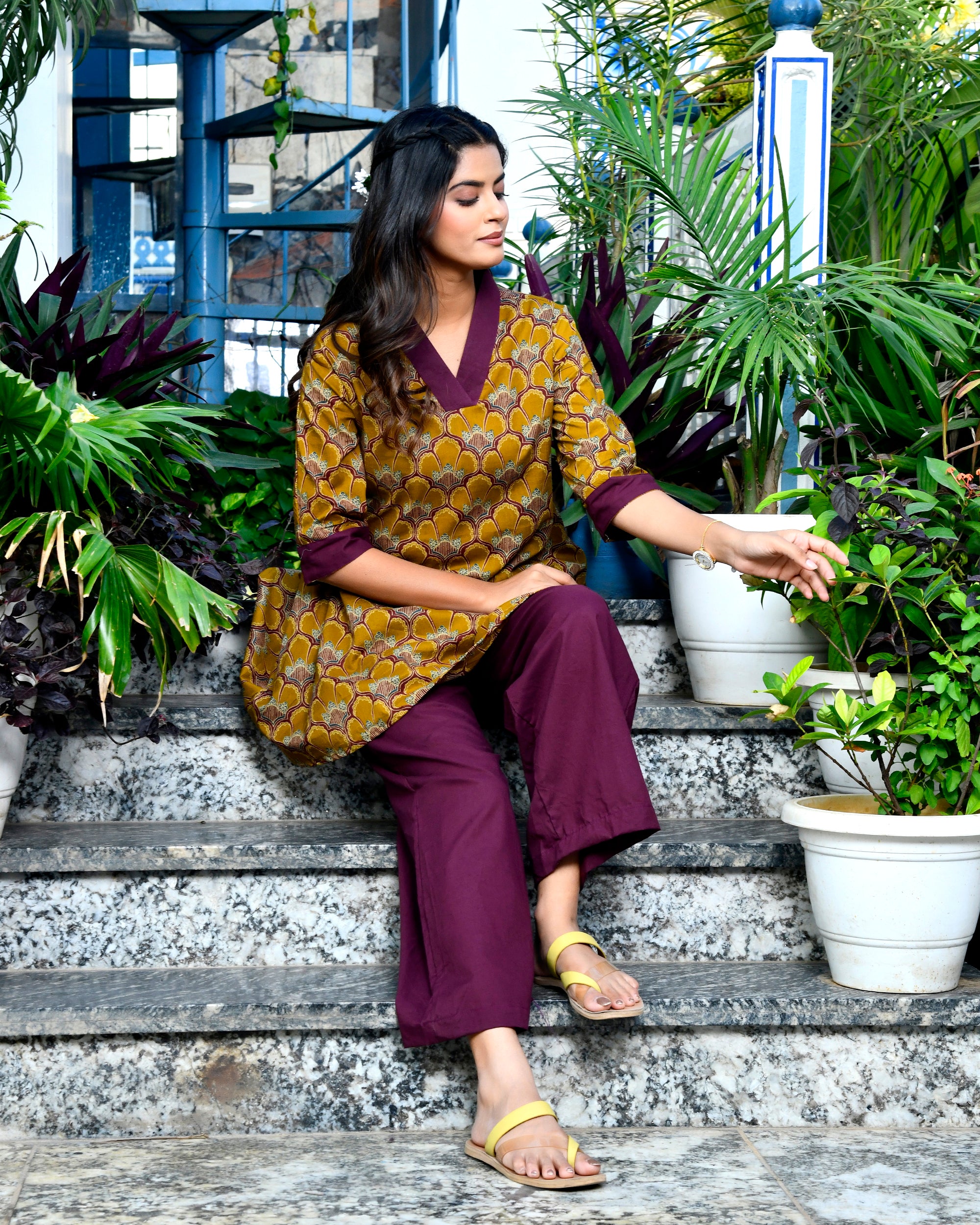 Mustard Gold Block Print Cotton Kurti Set Maroon V-Neck Tunic & Pants