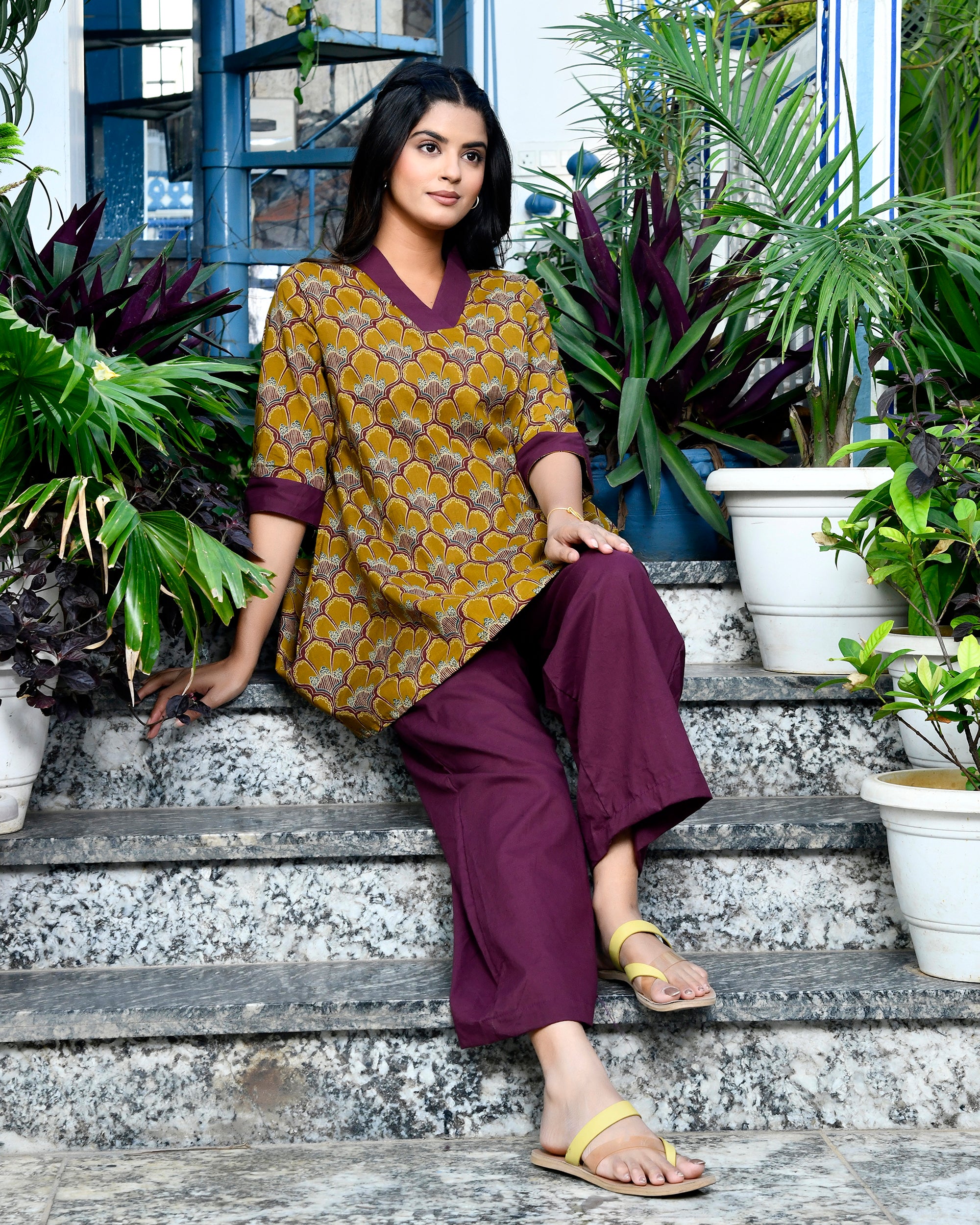 Mustard Gold Block Print Cotton Kurti Set Maroon V-Neck Tunic & Pants