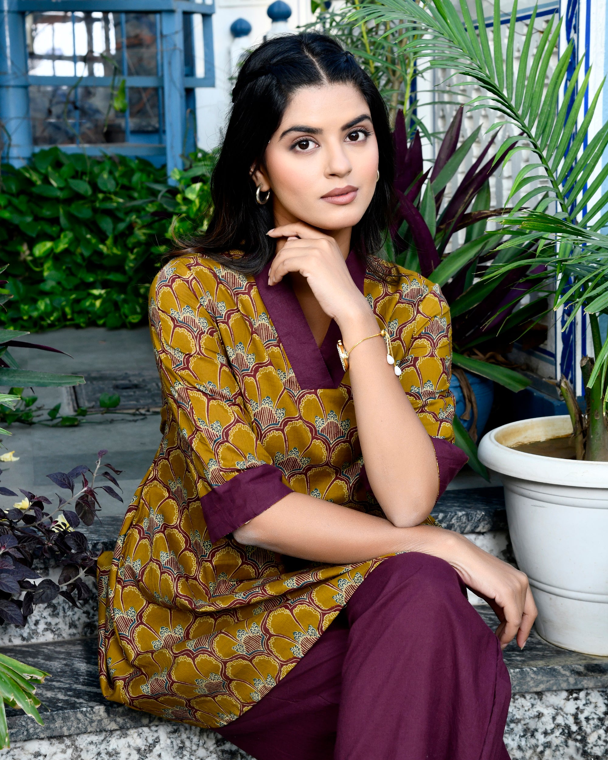 Mustard Gold Block Print Cotton Kurti Set Maroon V-Neck Tunic & Pants
