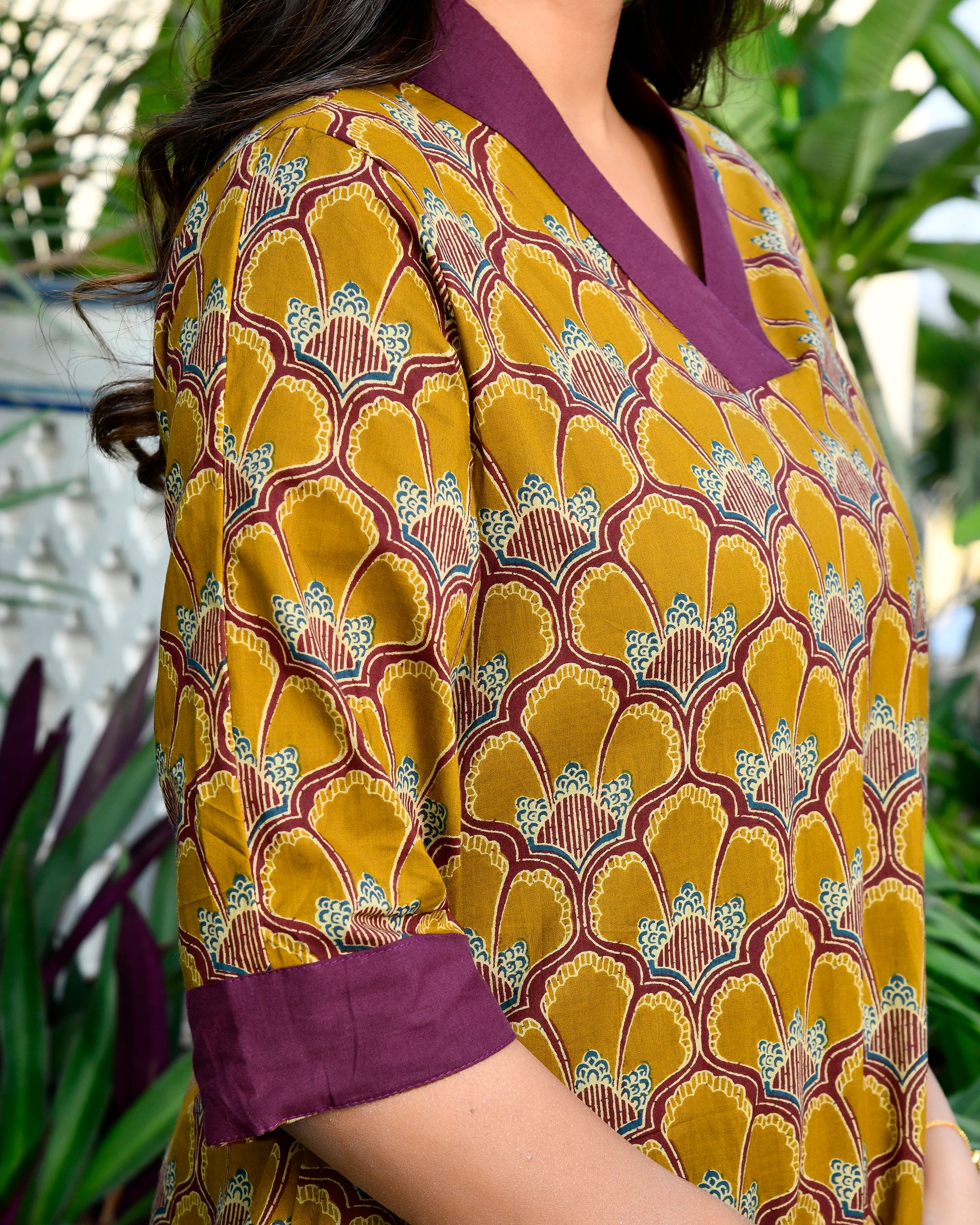 Mustard Gold Block Print Cotton Kurti Set Maroon V-Neck Tunic & Pants
