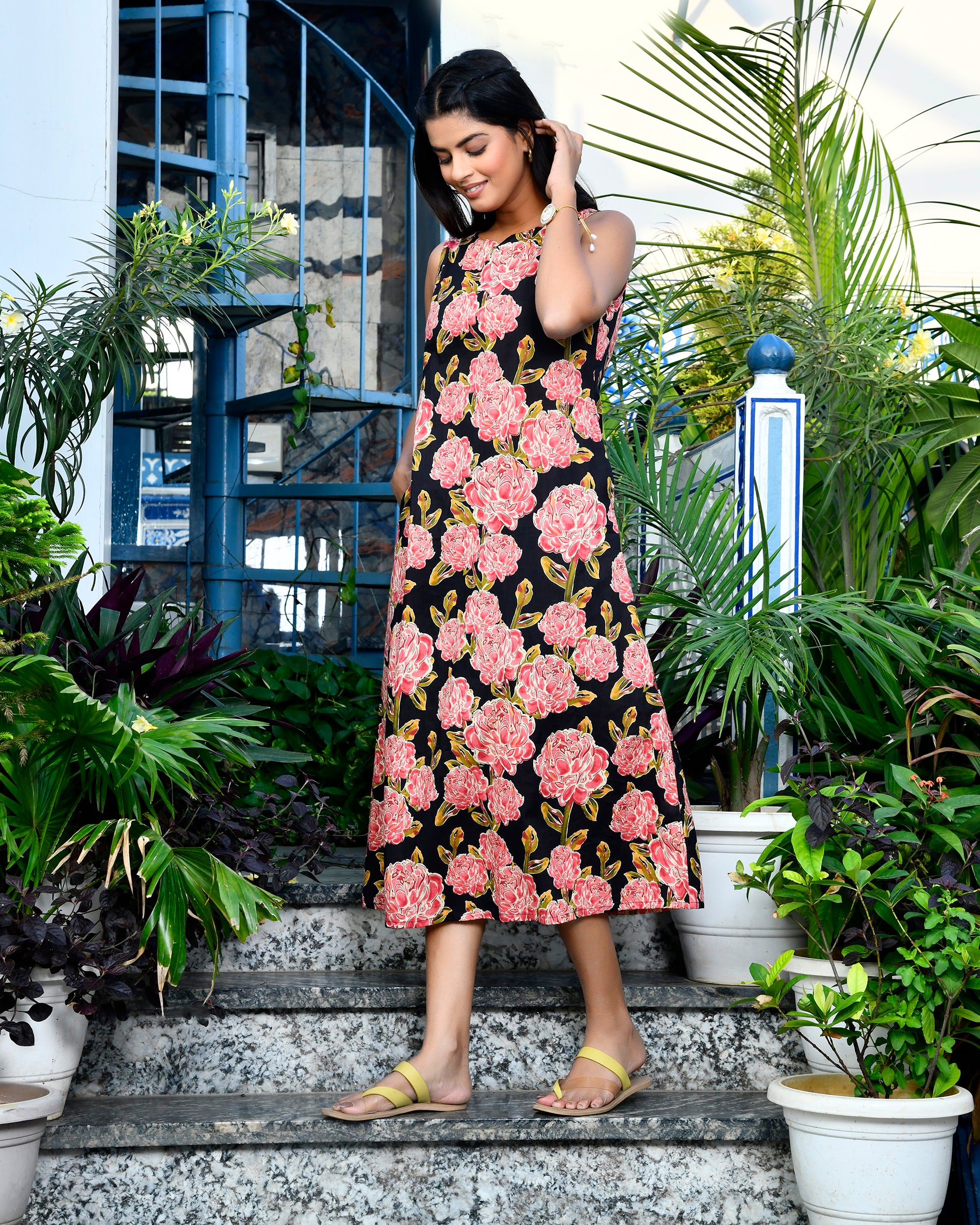 Black & Pink Floral Printed Cotton Midi Dress Sleeveless A-Line Tunic