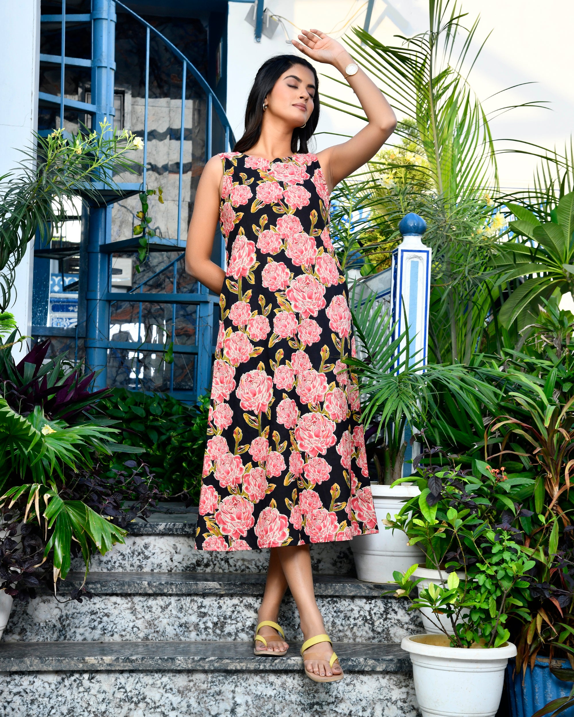 Black & Pink Floral Printed Cotton Midi Dress Sleeveless A-Line Tunic
