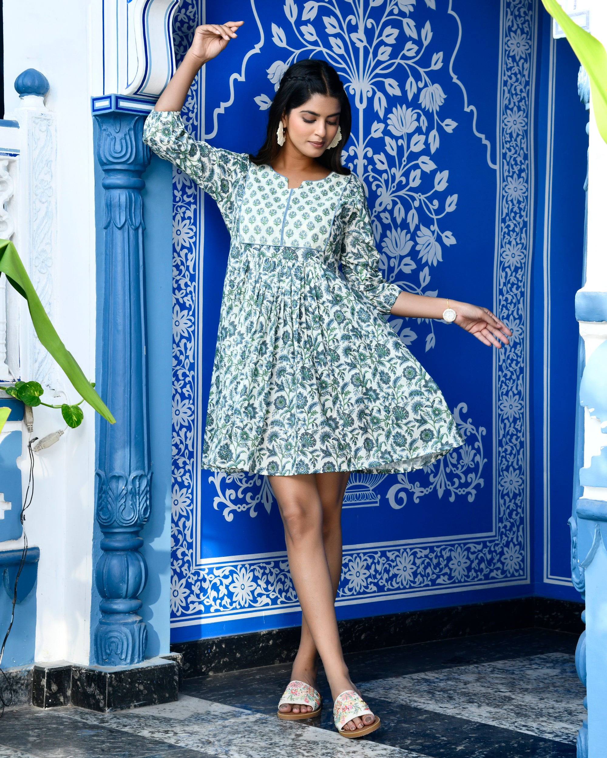 Blue & Green Block Print Cotton Mini Dress - Babydoll Style Day Dress