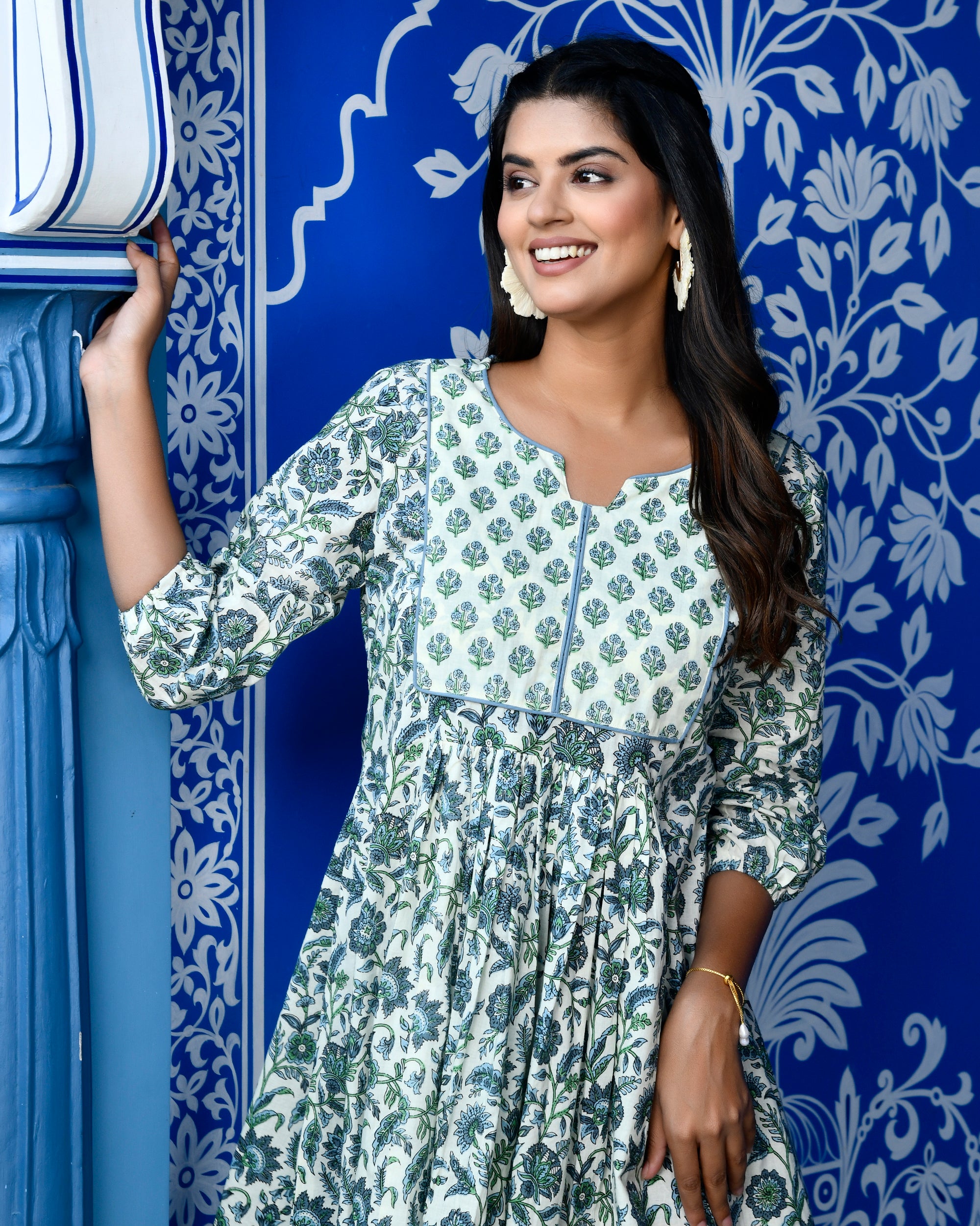 Blue & Green Block Print Cotton Mini Dress - Babydoll Style Day Dress