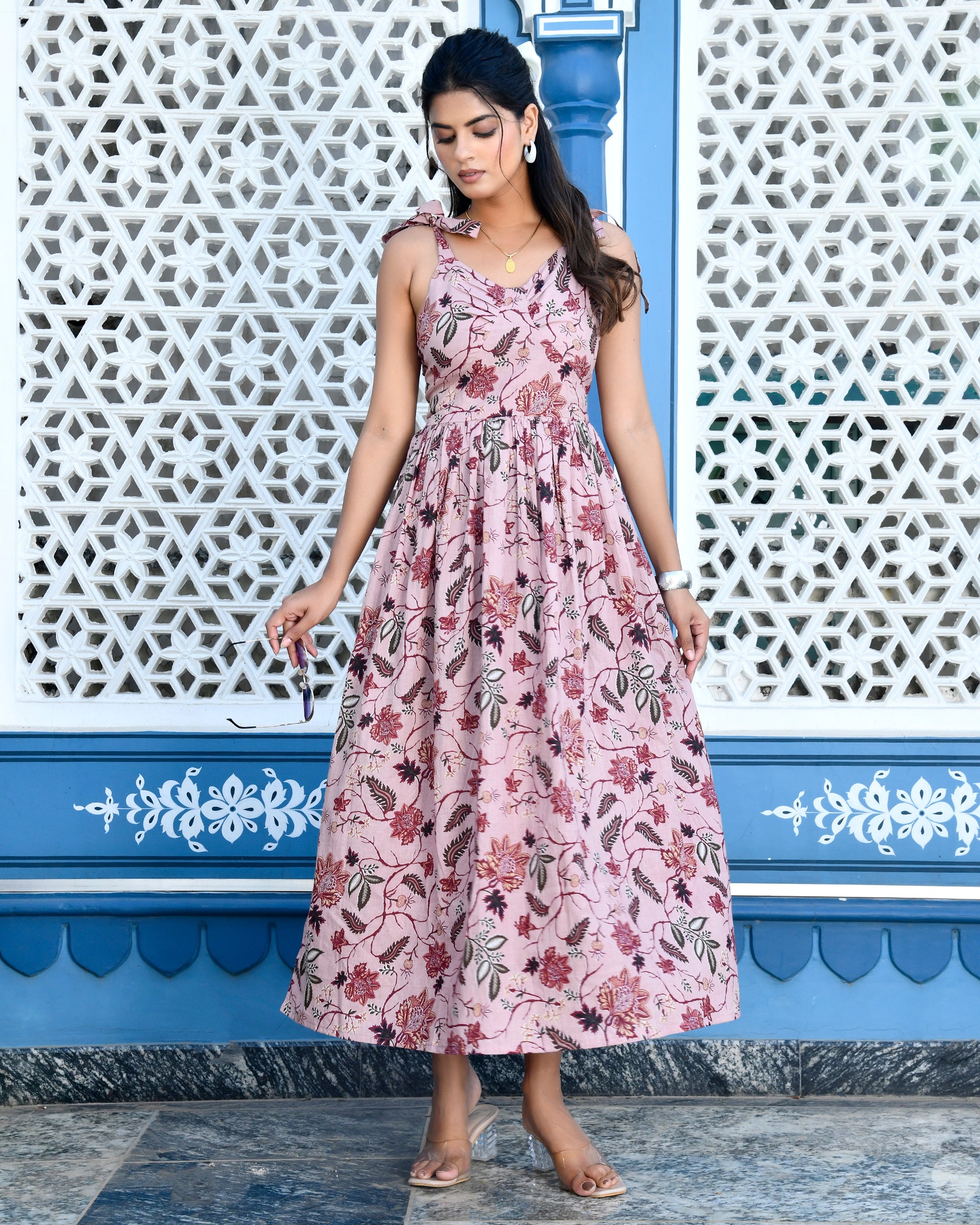 Mauve Floral Print Cotton Midi Sundress - Tie-Up Strap Summer Dress