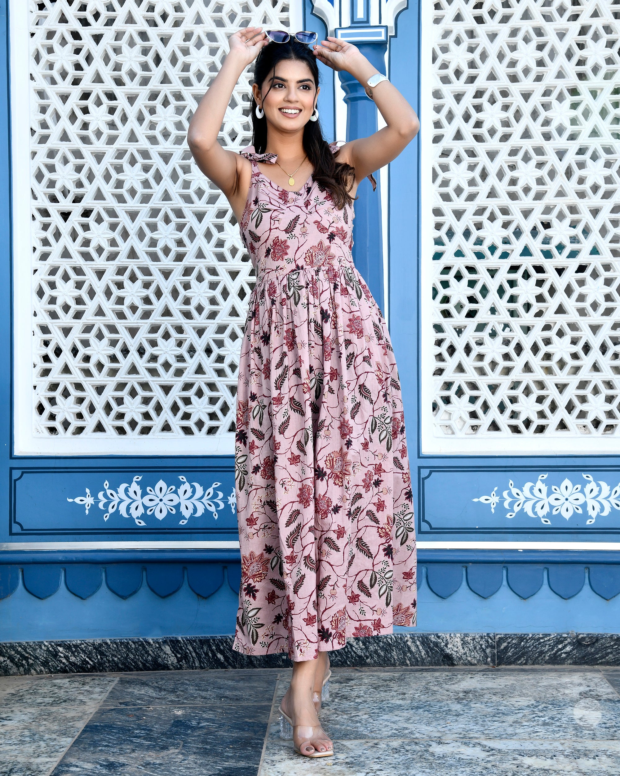 Mauve Floral Print Cotton Midi Sundress - Tie-Up Strap Summer Dress