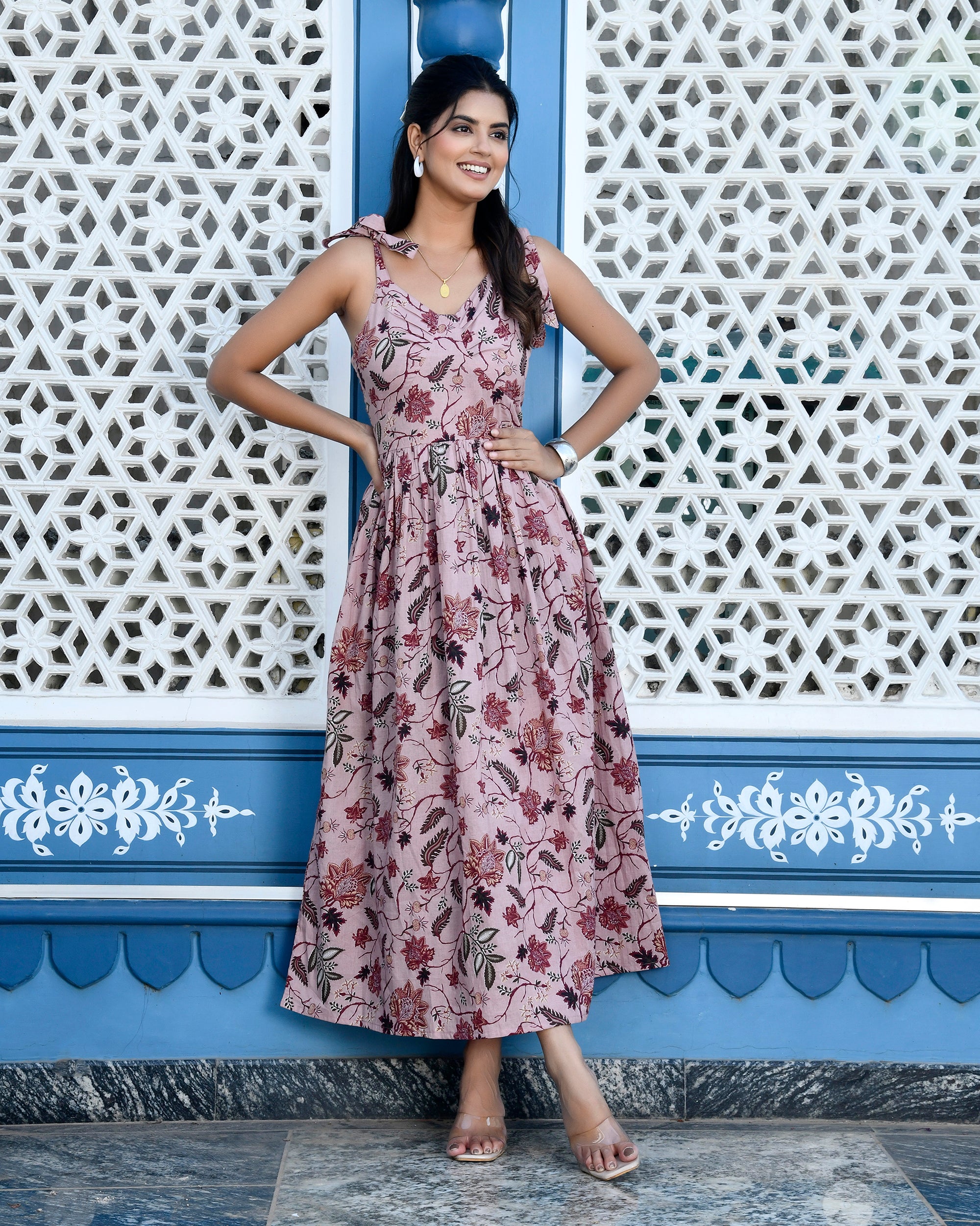 Mauve Floral Print Cotton Midi Sundress - Tie-Up Strap Summer Dress