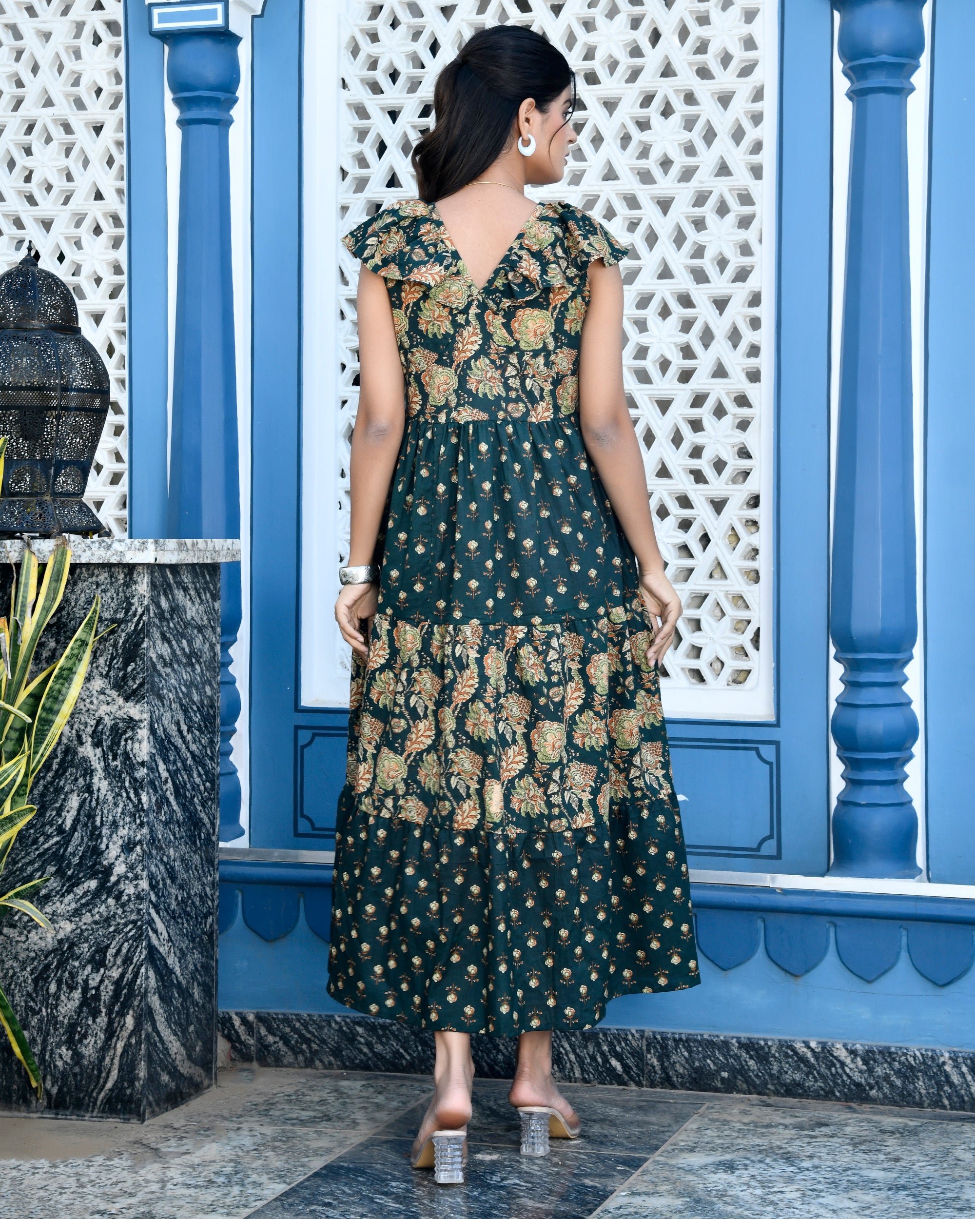 Forest Green Tiered Midi Dress - Block Print Cotton Ruffle Neck Dress