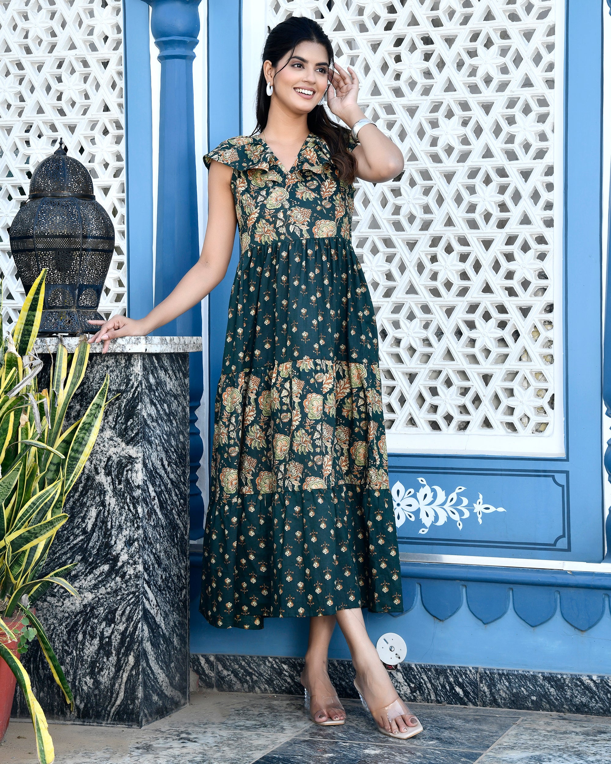 Forest Green Tiered Midi Dress - Block Print Cotton Ruffle Neck Dress