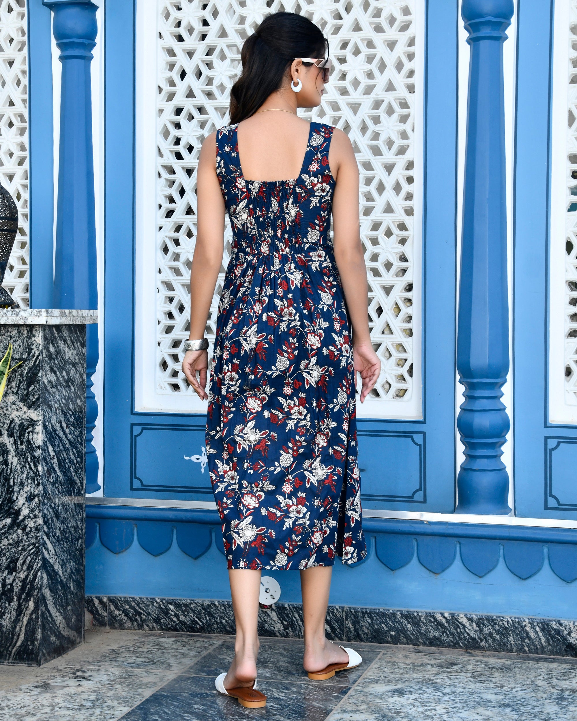 Navy Blue Floral Print Cotton Midi Dress - Sleeveless with Side Slit