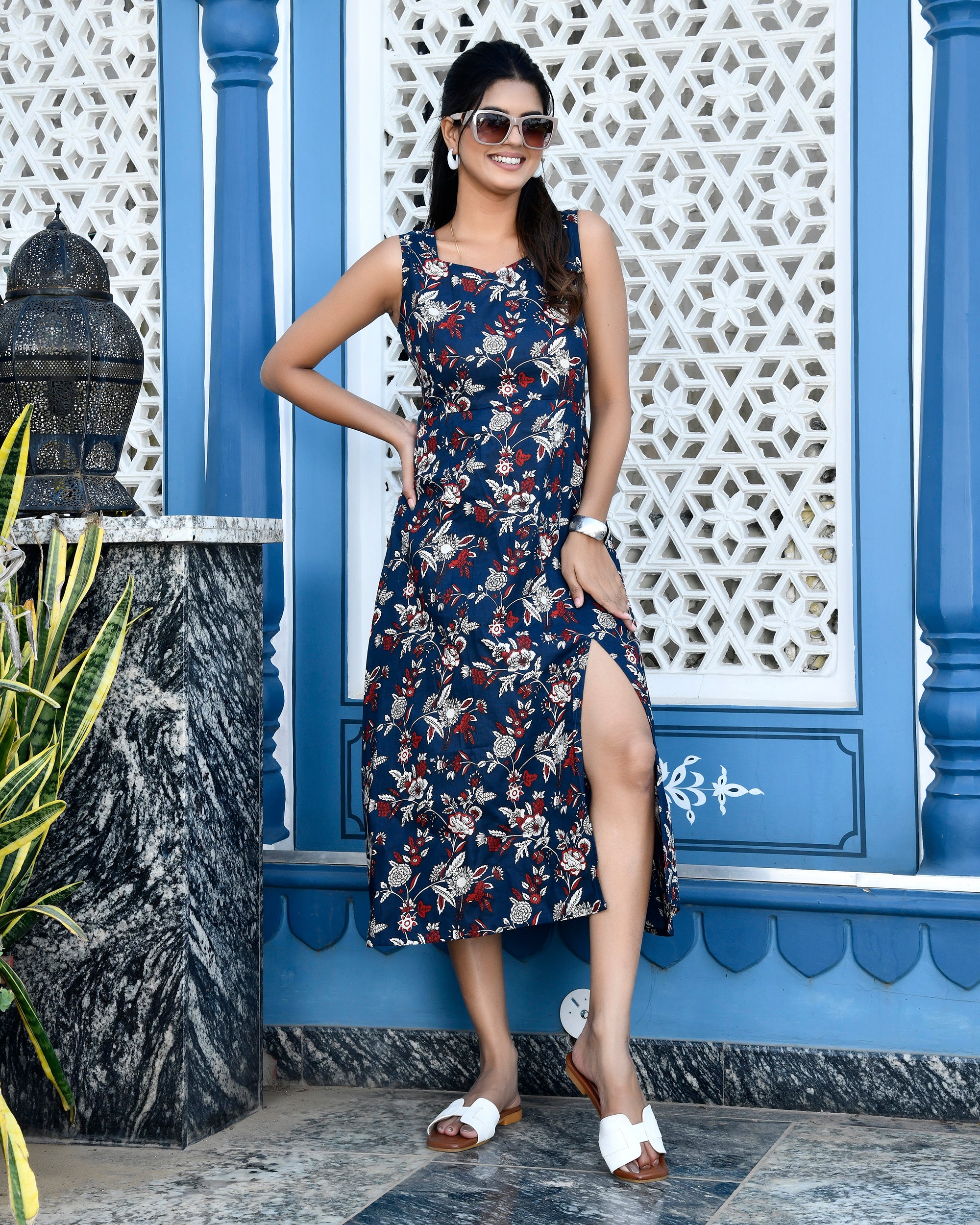 Navy Blue Floral Print Cotton Midi Dress - Sleeveless with Side Slit
