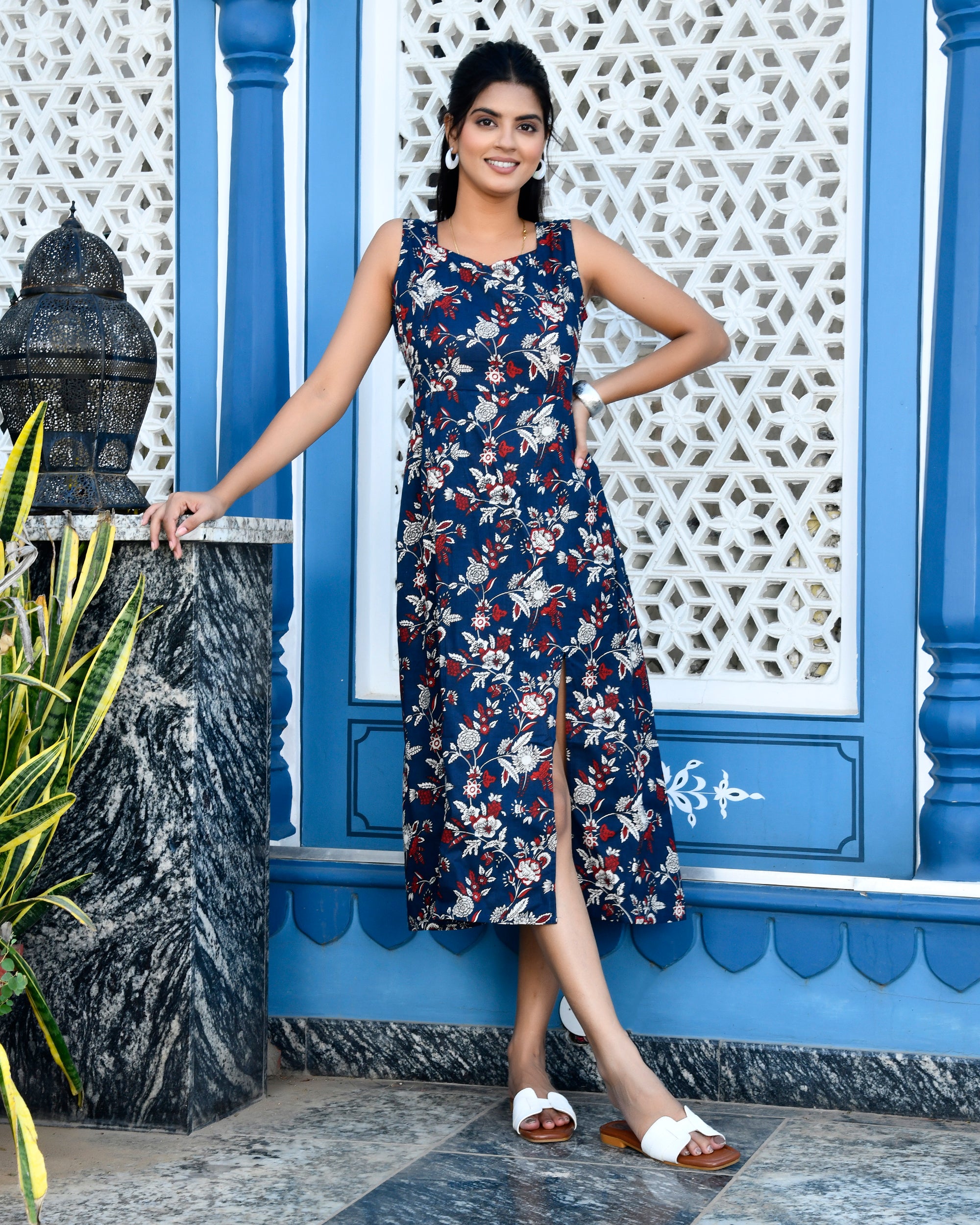 Navy Blue Floral Print Cotton Midi Dress - Sleeveless with Side Slit