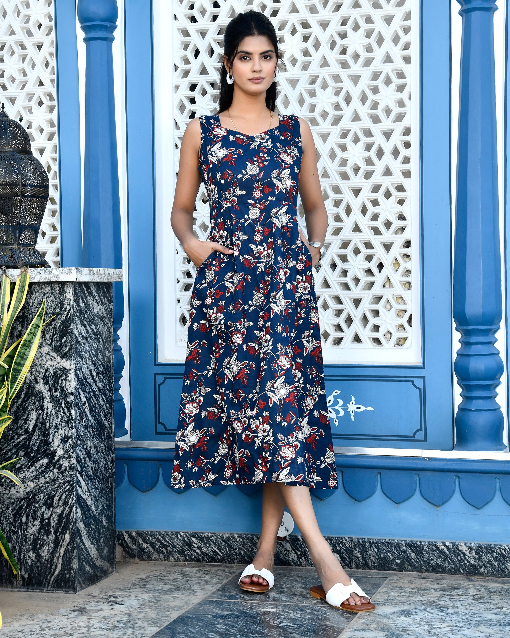 Navy Blue Floral Print Cotton Midi Dress - Sleeveless with Side Slit