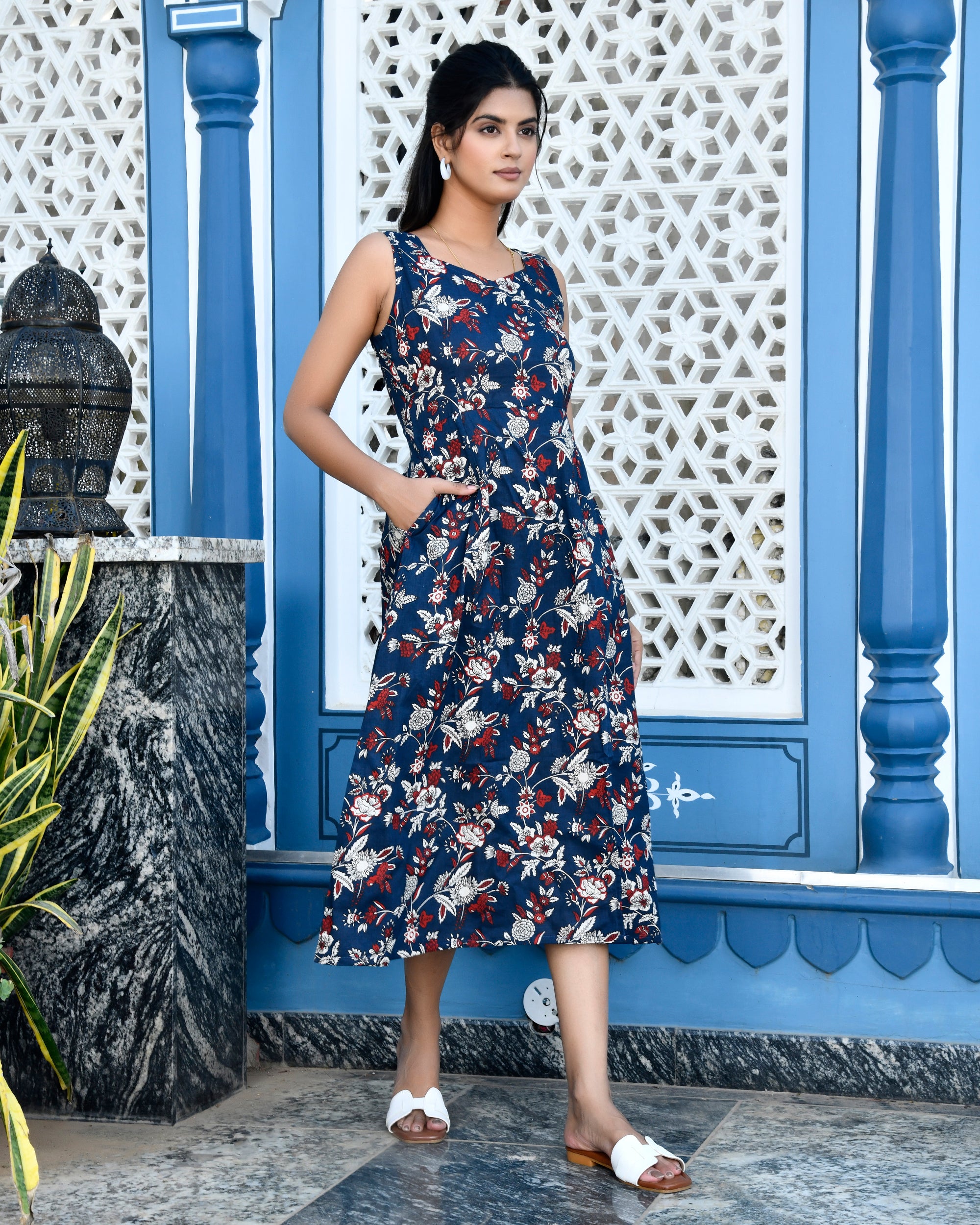 Navy Blue Floral Print Cotton Midi Dress - Sleeveless with Side Slit