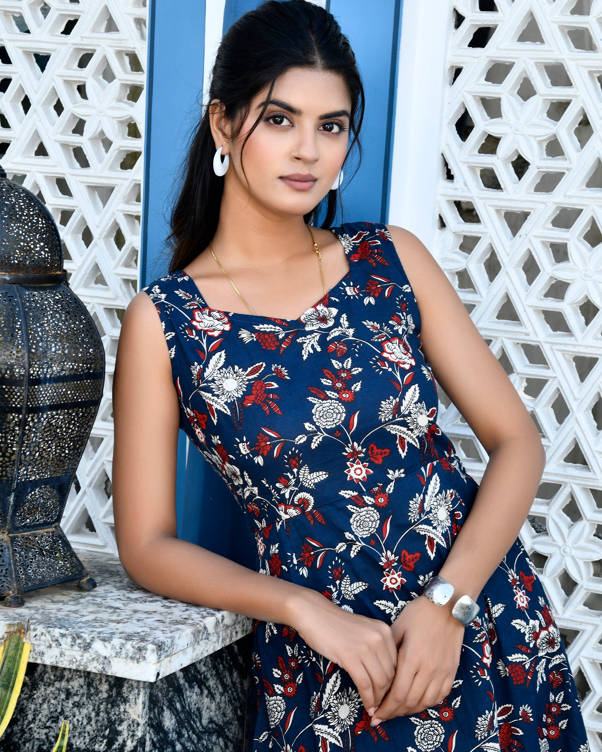 Navy Blue Floral Print Cotton Midi Dress - Sleeveless with Side Slit