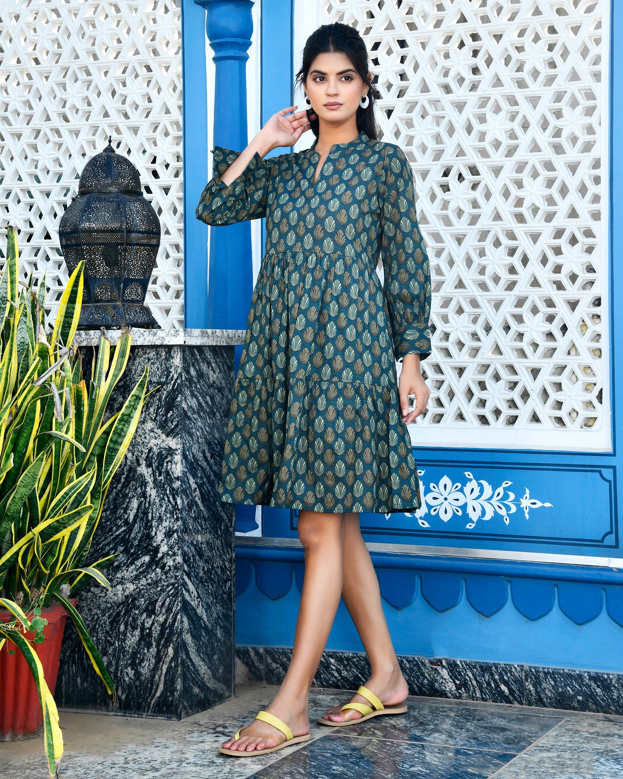 Teal Blue Leaf Print Cotton Tunic Dress - Mandarin Collar Day Wear
