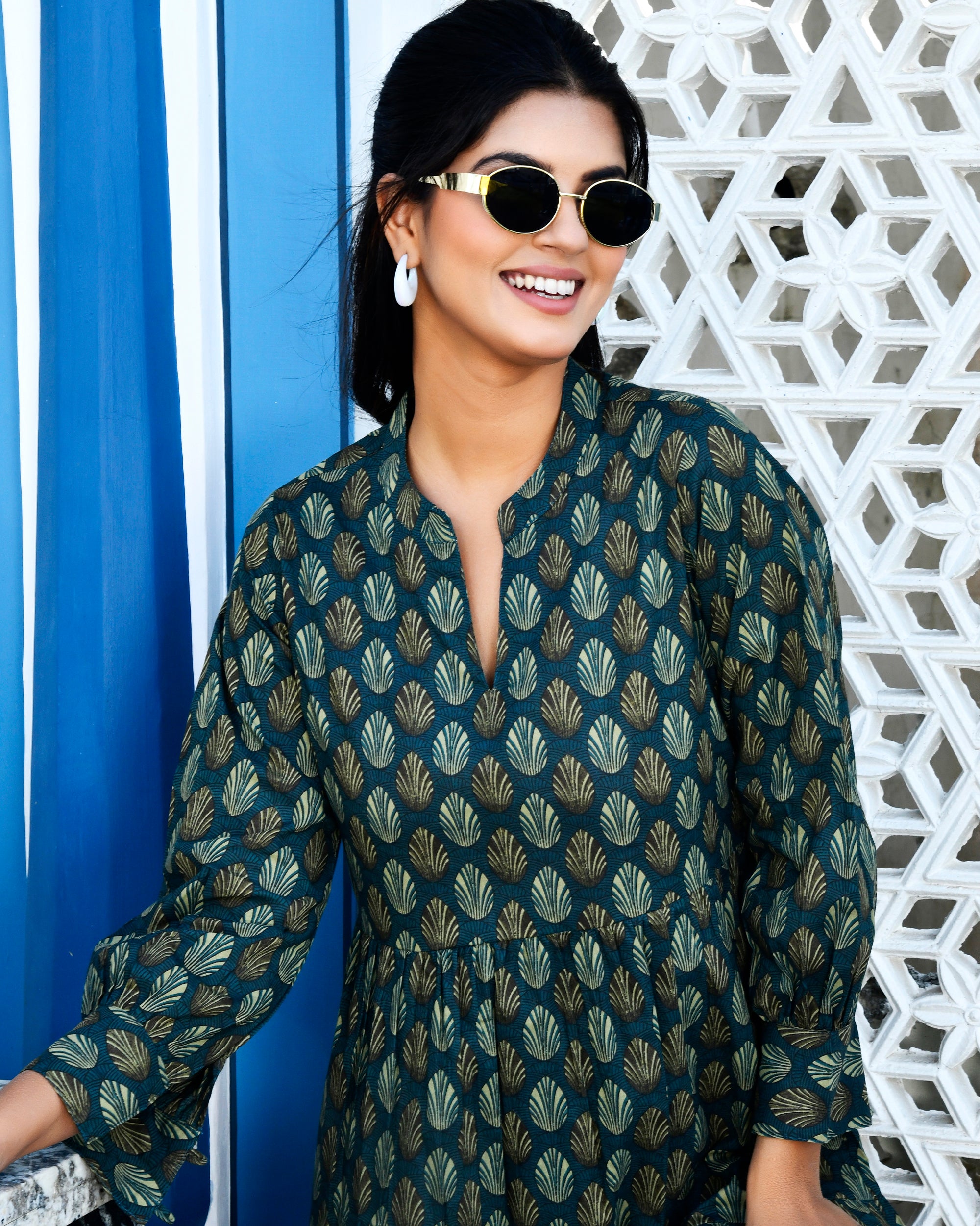 Teal Blue Leaf Print Cotton Tunic Dress - Mandarin Collar Day Wear