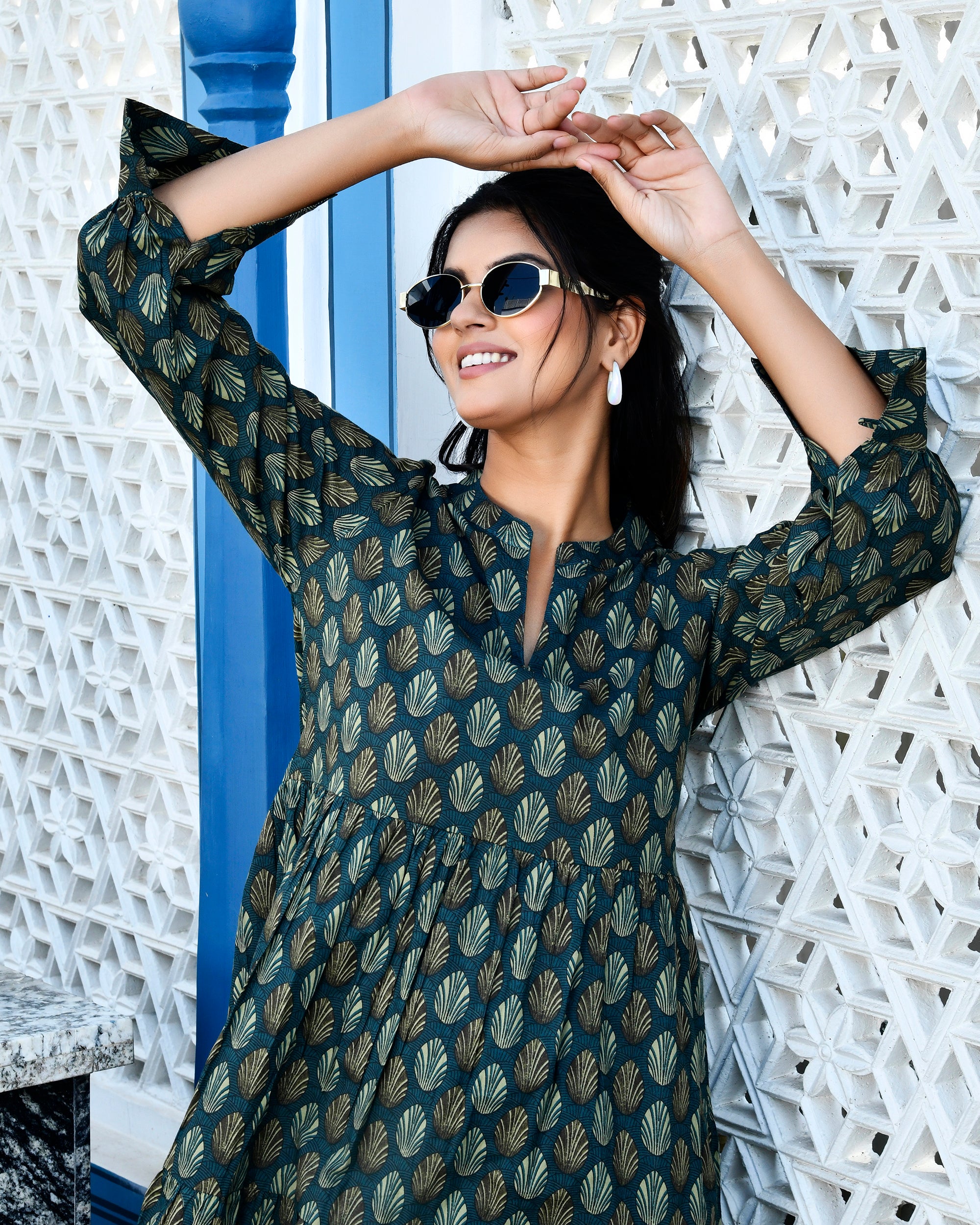 Teal Blue Leaf Print Cotton Tunic Dress - Mandarin Collar Day Wear