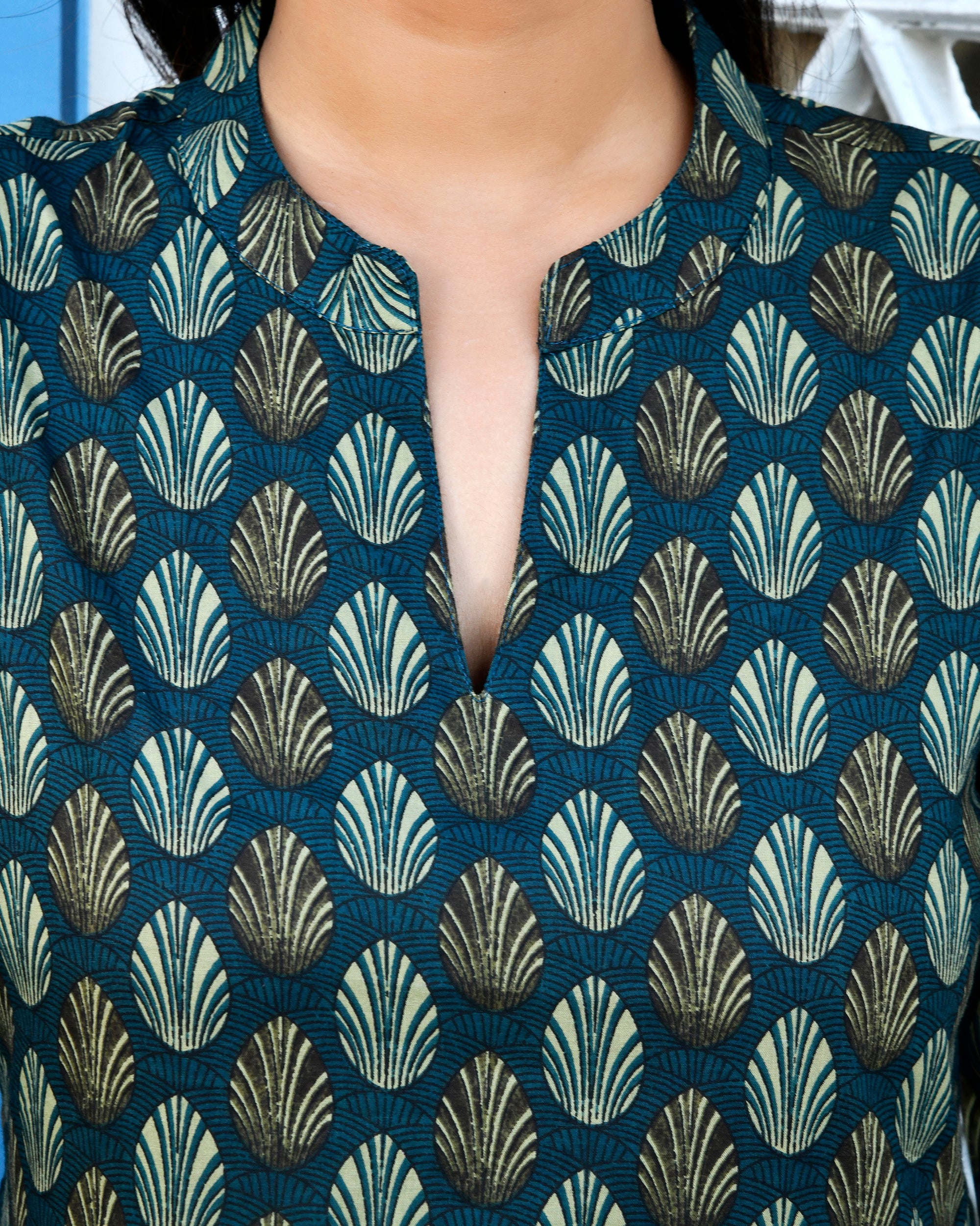 Teal Blue Leaf Print Cotton Tunic Dress - Mandarin Collar Day Wear