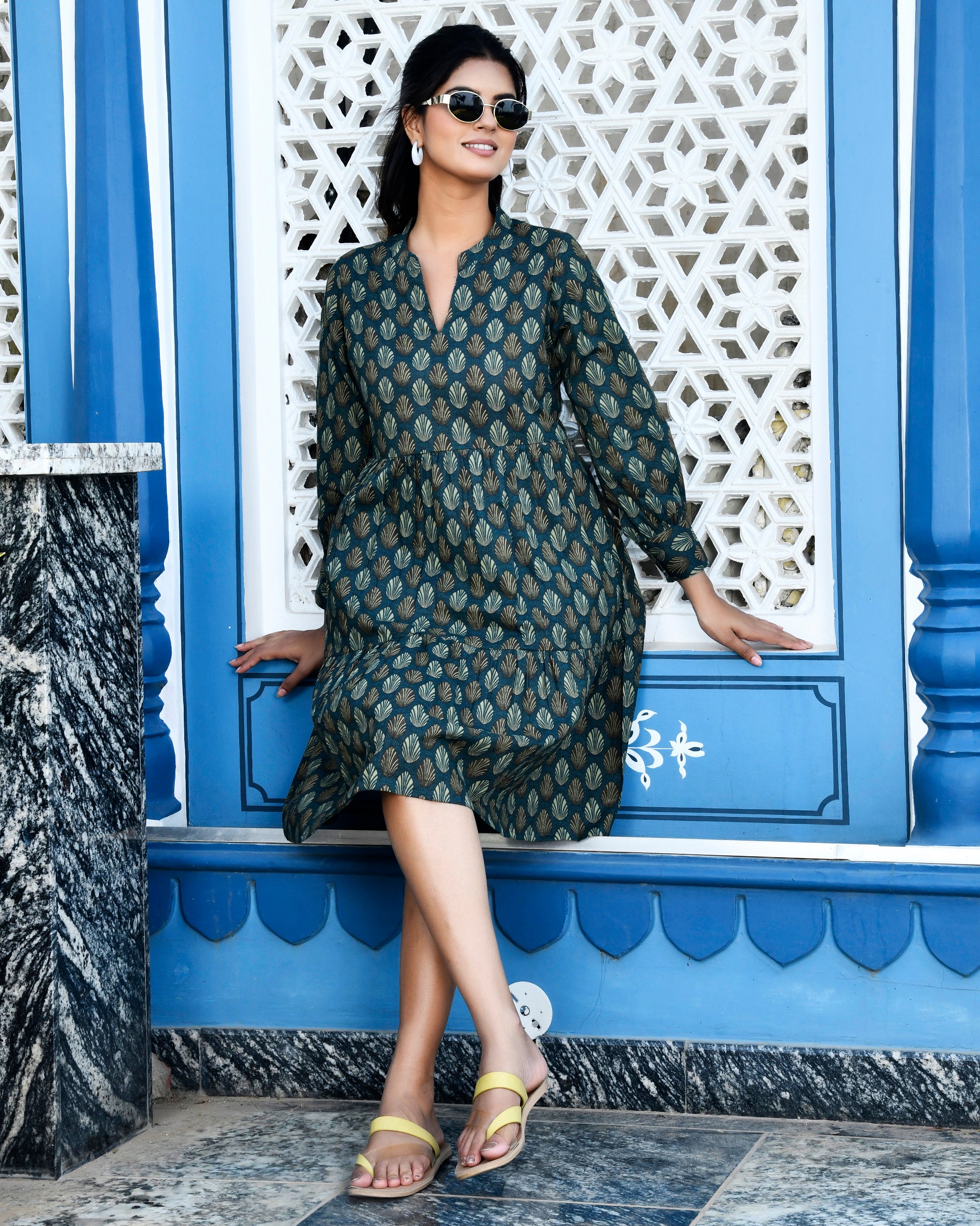 Teal Blue Leaf Print Cotton Tunic Dress - Mandarin Collar Day Wear