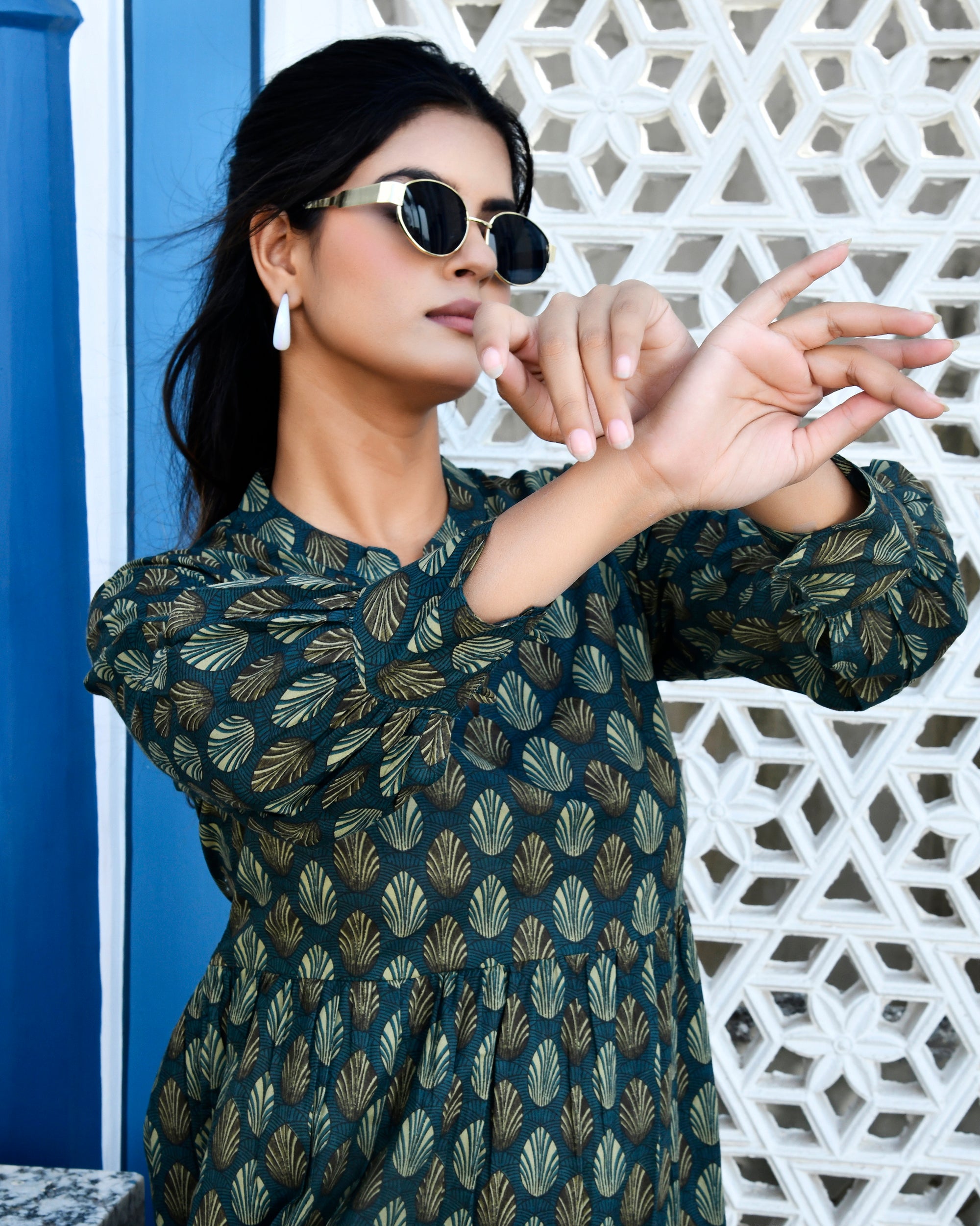 Teal Blue Leaf Print Cotton Tunic Dress - Mandarin Collar Day Wear