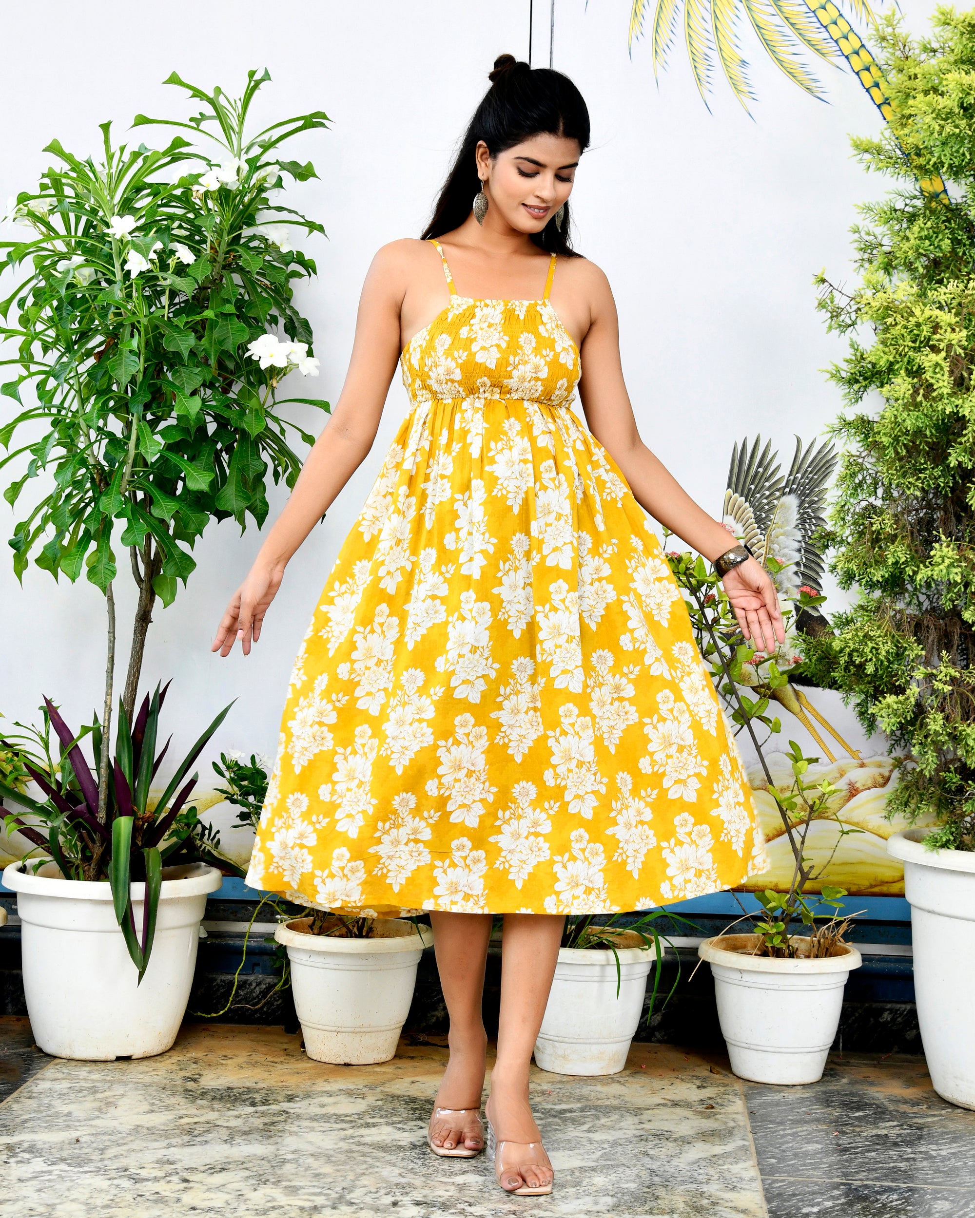 Mustard Yellow Floral Smocked Midi Sundress - Spaghetti Strap Cotton Dress